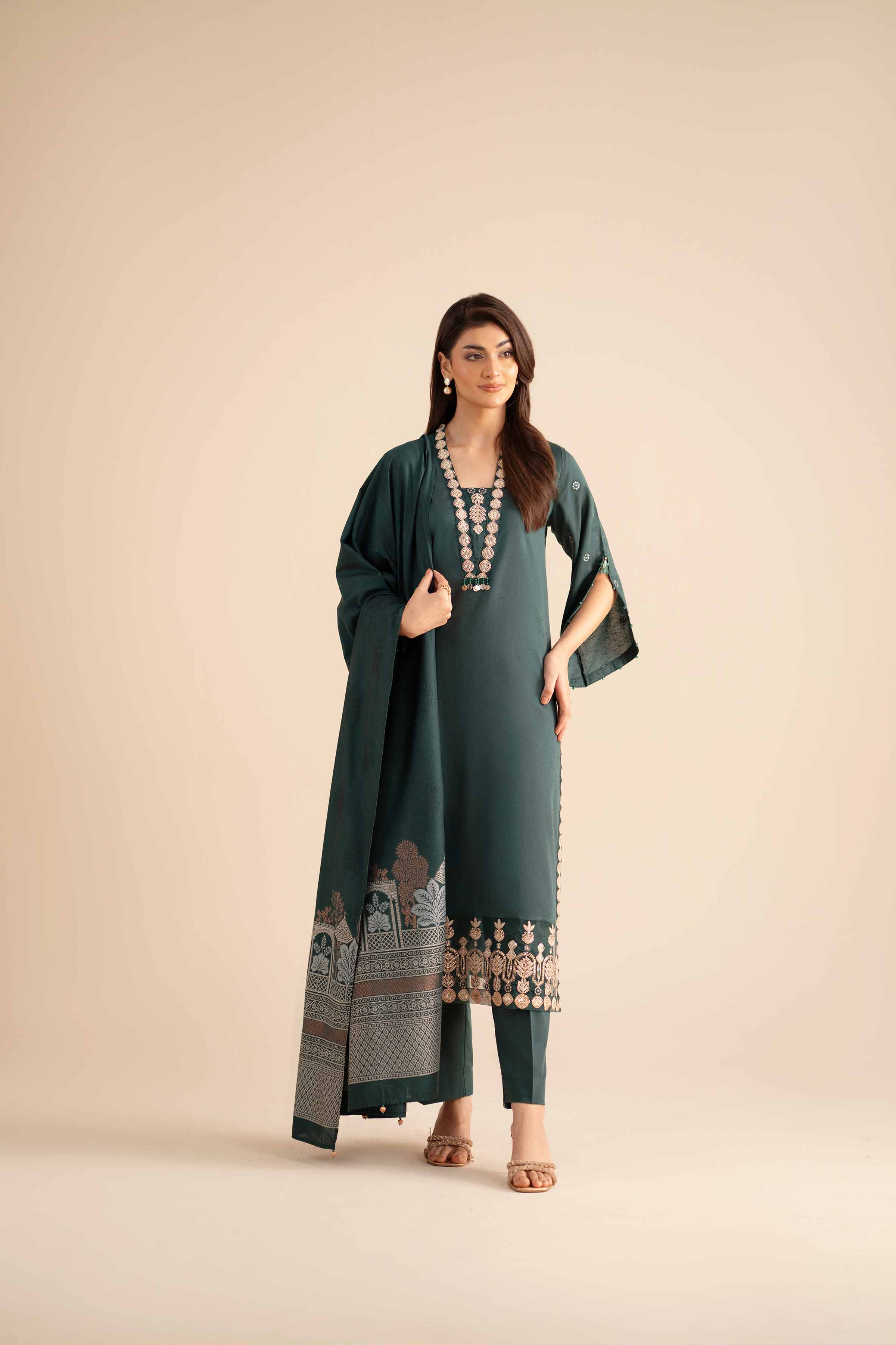 NISHATUAE - Green Embroidered Karandi 3-piece Ready to wear Suit
