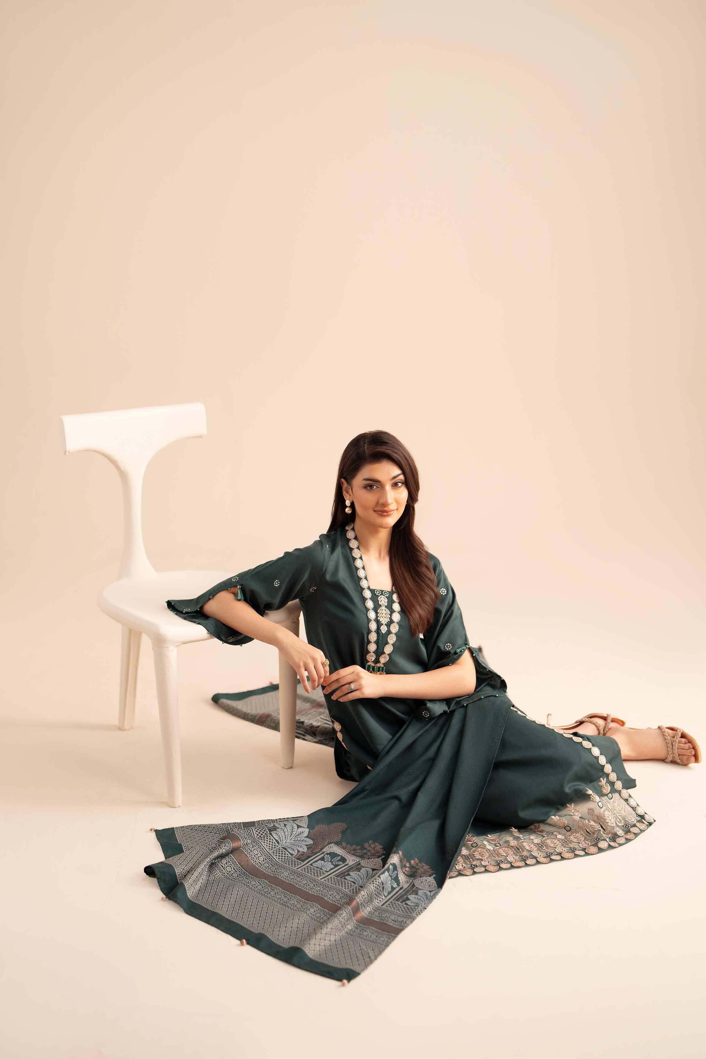 NISHATUAE - Green Embroidered Karandi 3-piece Ready to wear Suit