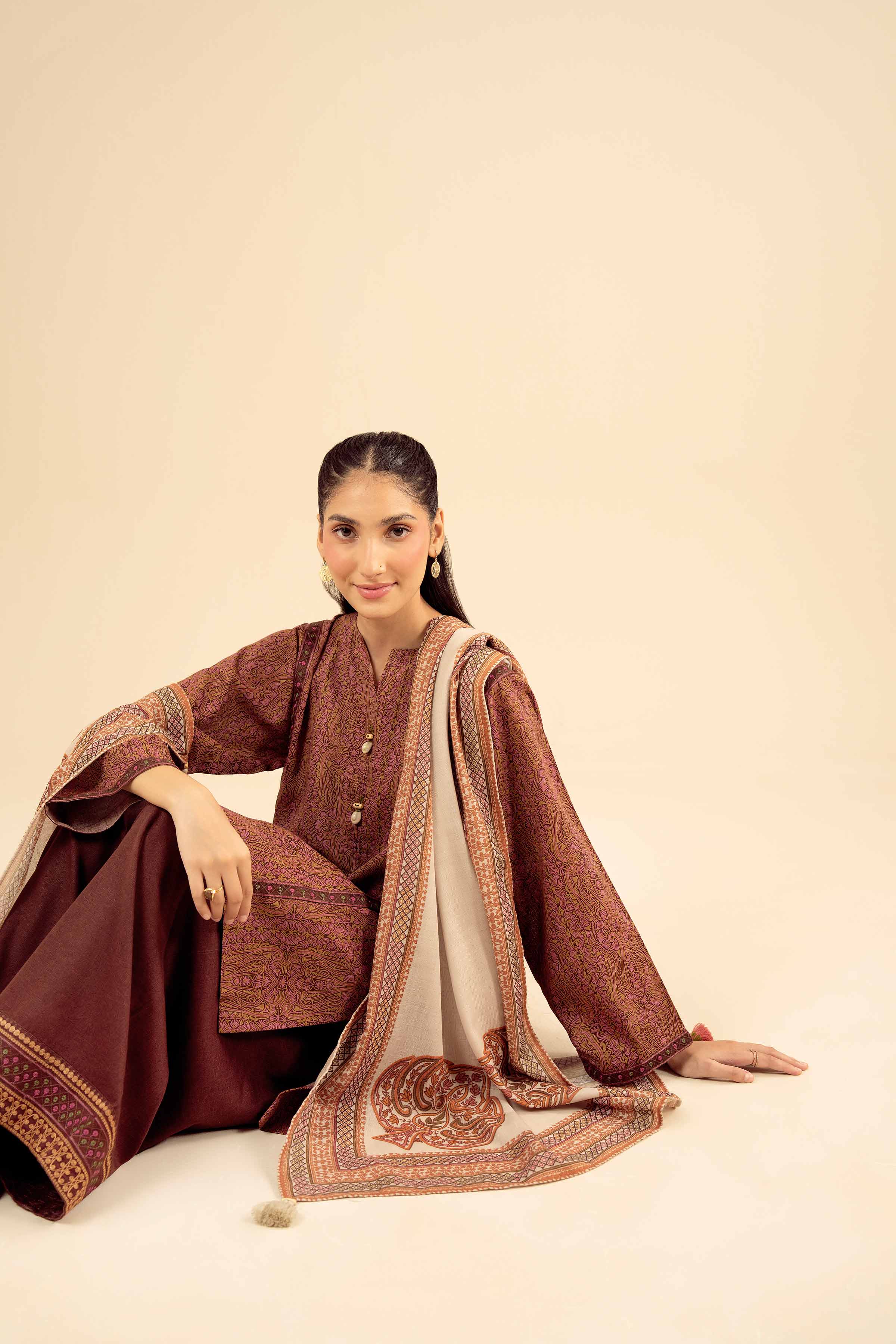 NISHATUAE - Brown Embroidered Karandi 3-piece Ready to wear Suit