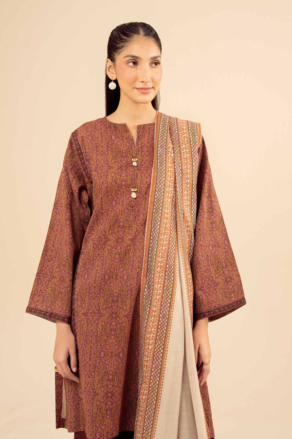 NISHATUAE - Brown Embroidered Karandi 3-piece Ready to wear Suit