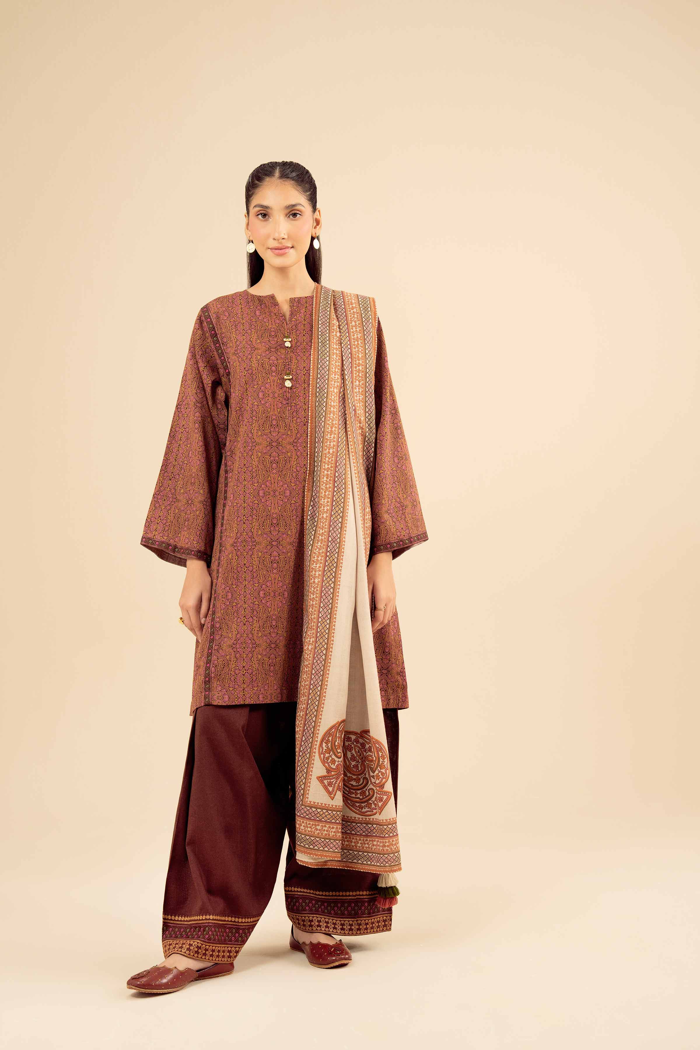 NISHATUAE - Brown Embroidered Karandi 3-piece Ready to wear Suit