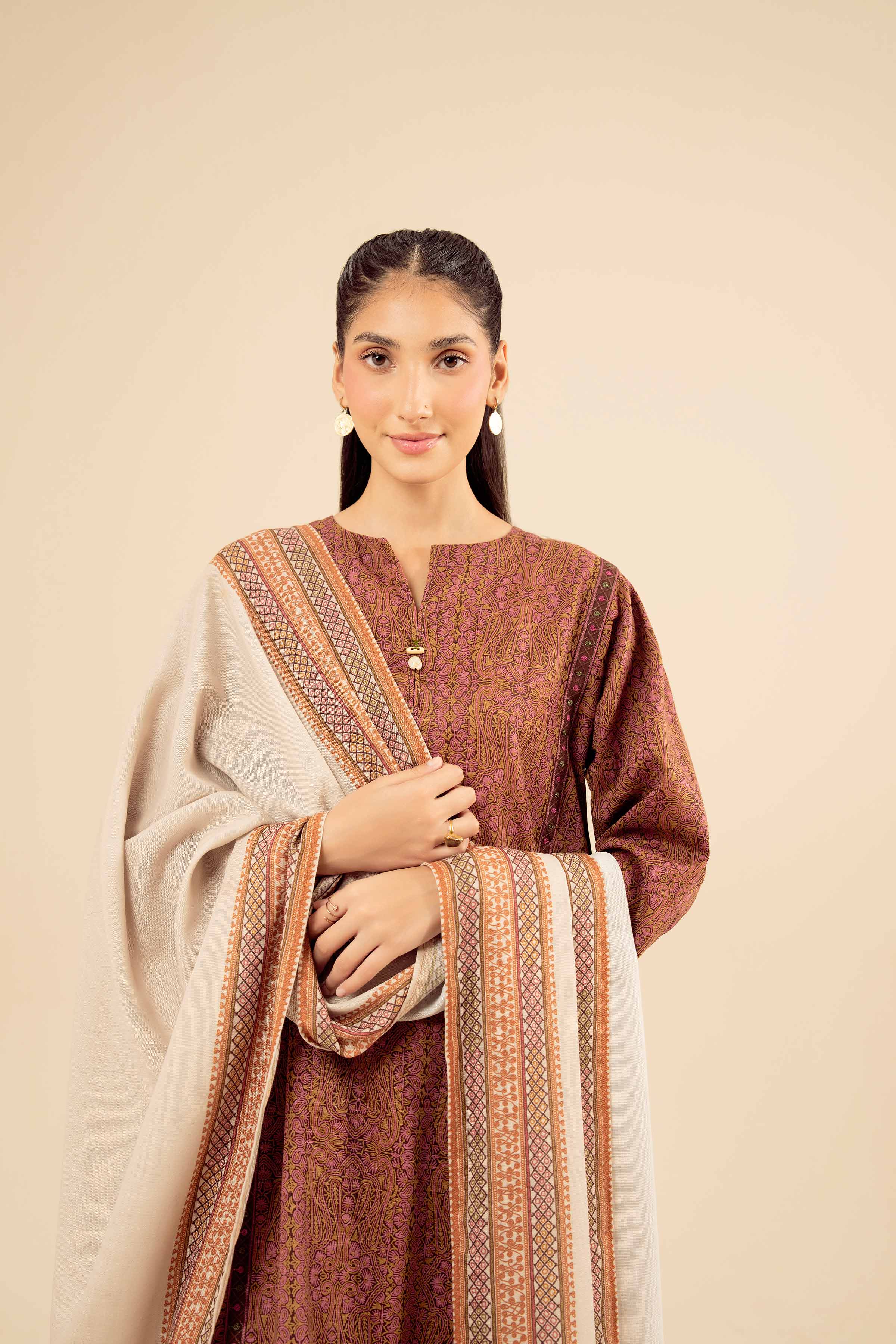 NISHATUAE - Brown Embroidered Karandi 3-piece Ready to wear Suit