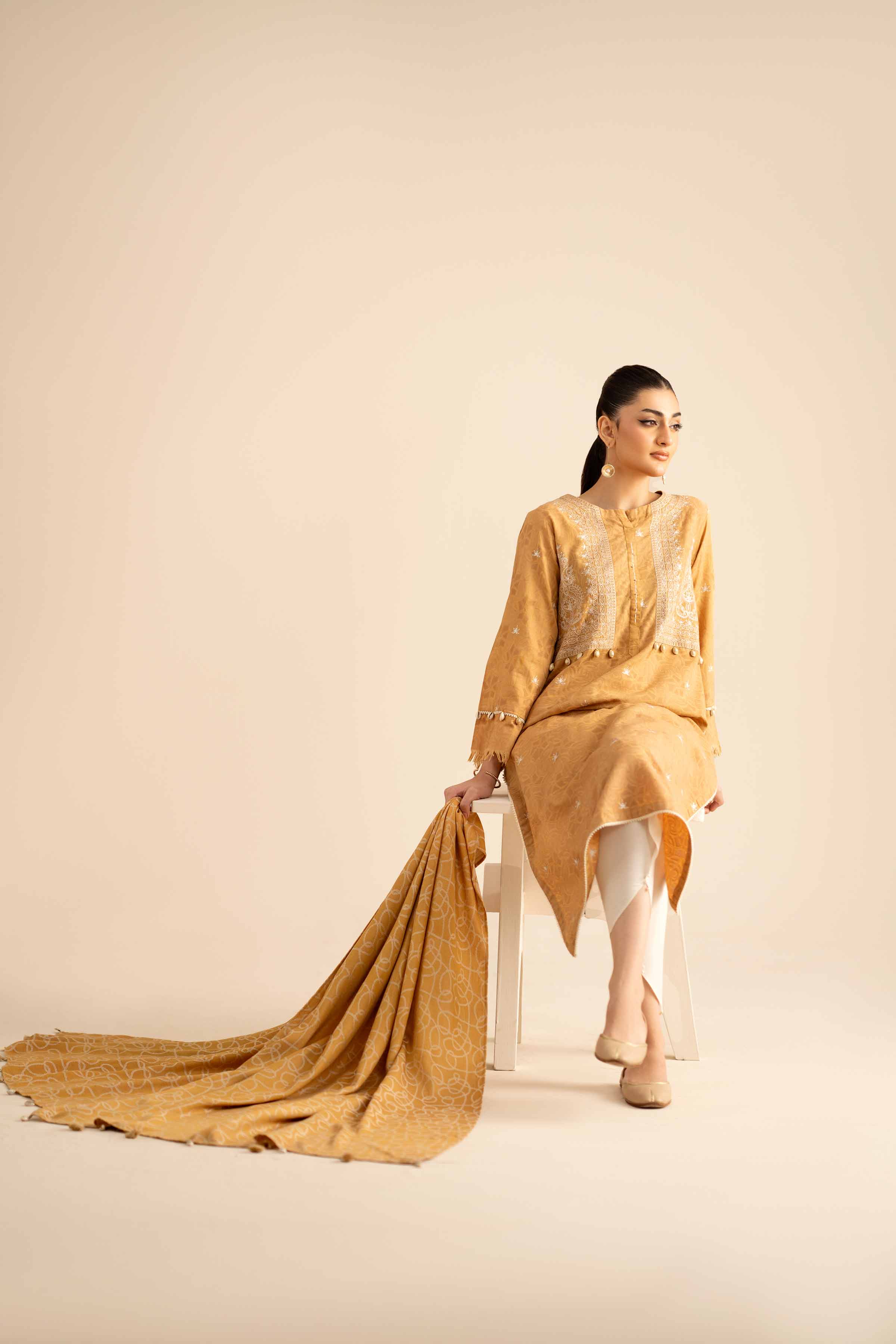 NISHATUAE - Mustard Embroidered Jacquard 2-piece Ready to wear Dress