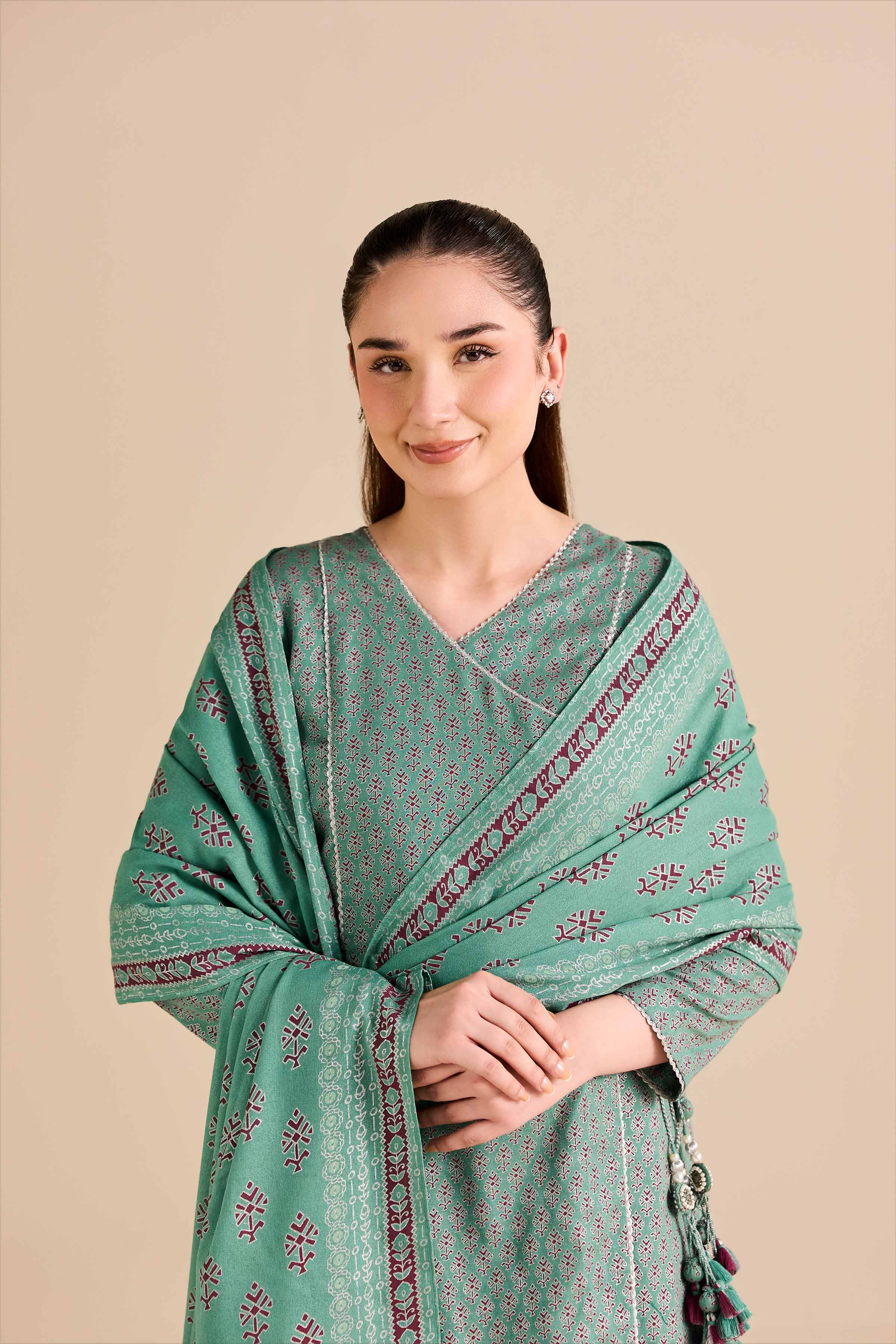 NISHATUAE - Green Printed Karandi 3-piece Ready to wear Suit