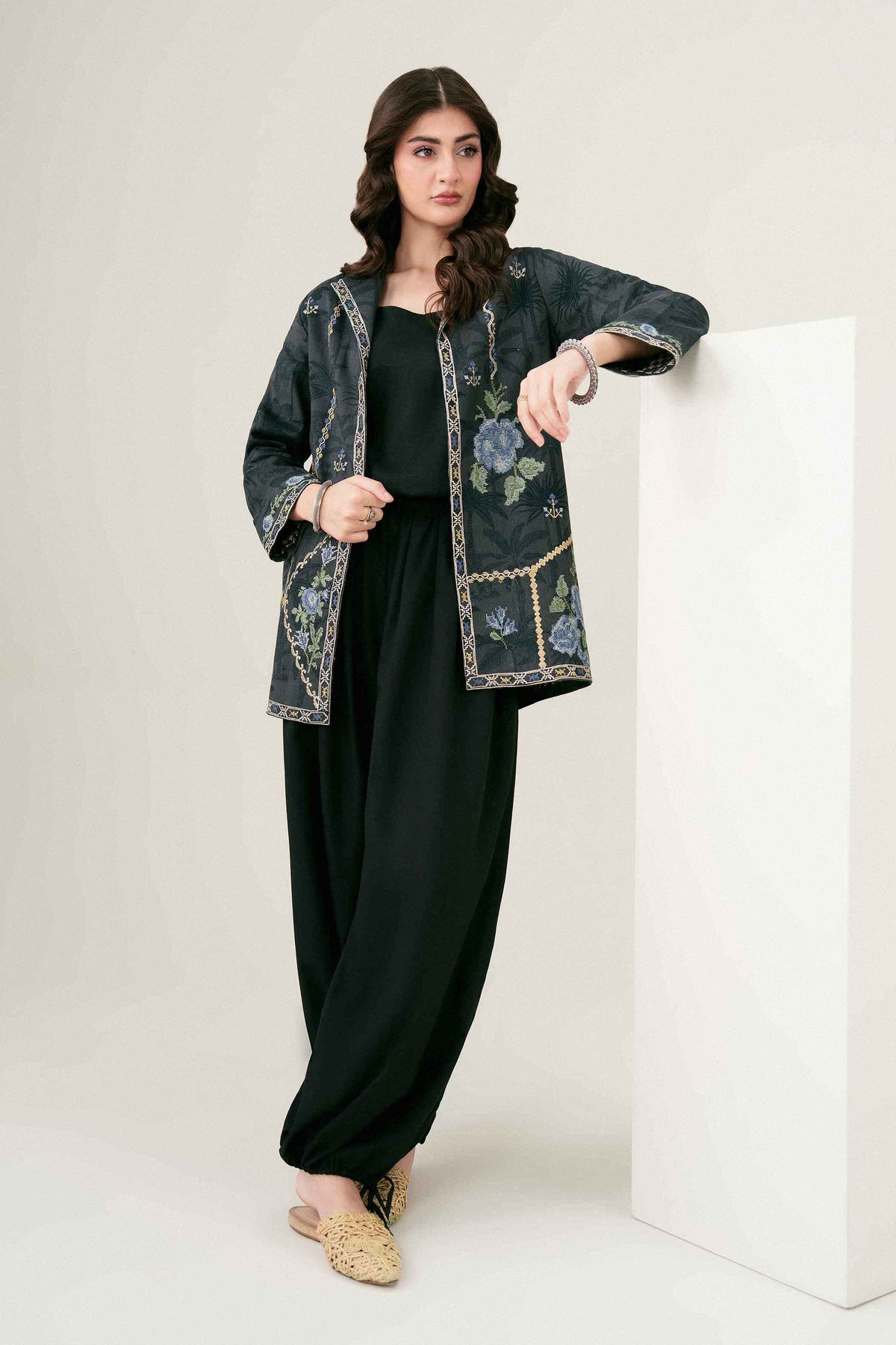 Black Printed Embroidered Jacket in Khaddar ready-to-wear