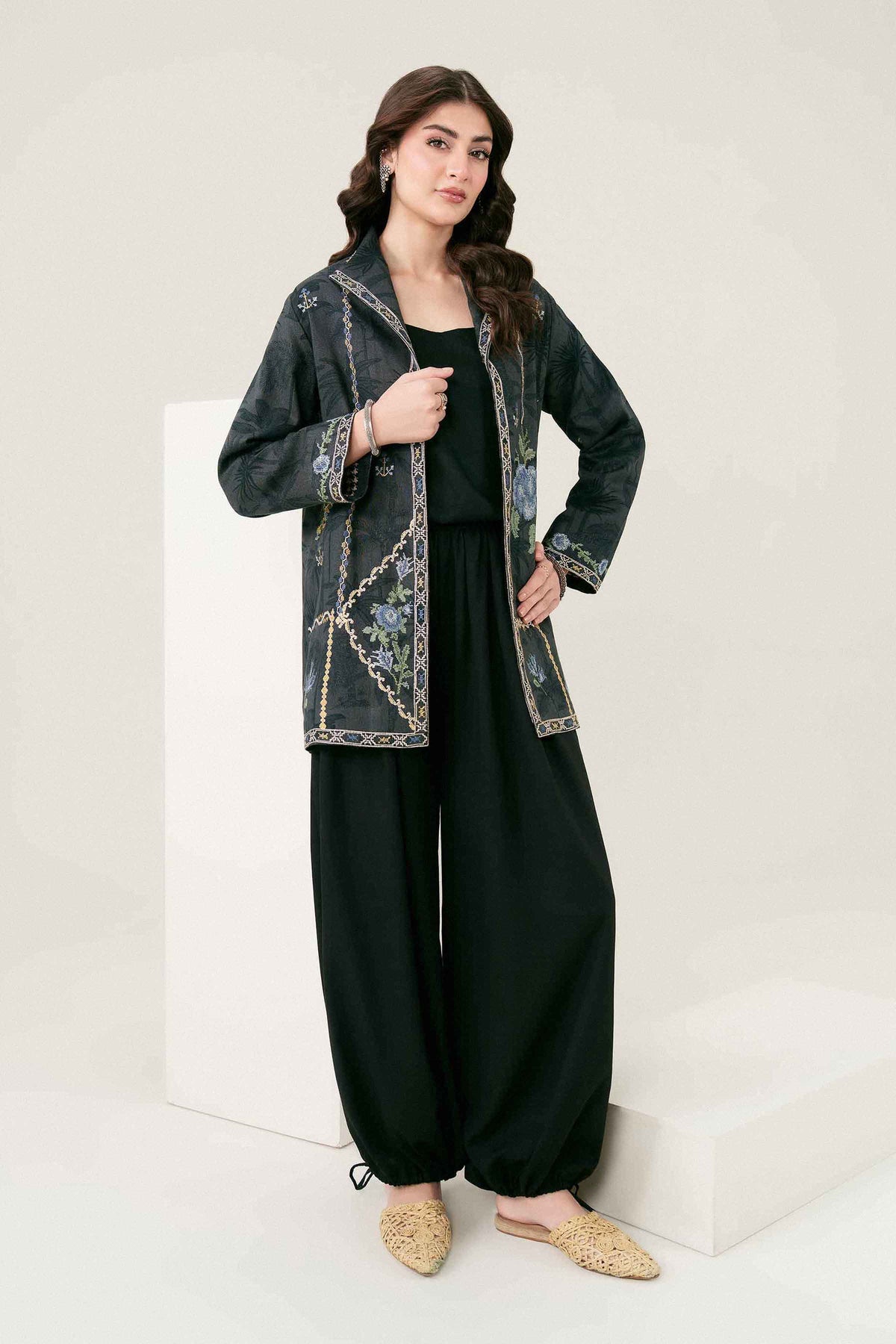 Black Printed Embroidered Jacket in Khaddar ready-to-wear