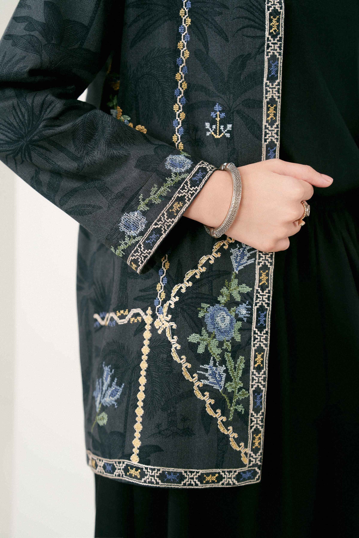 Black Printed Embroidered Jacket in Khaddar ready-to-wear