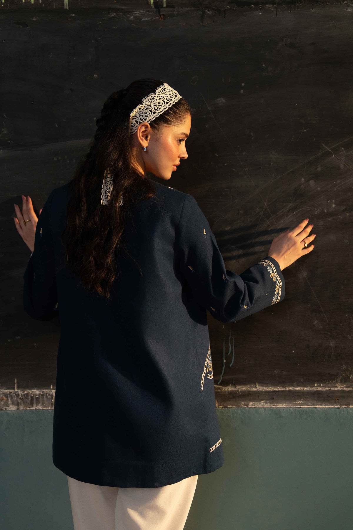 Blue Embroidered Jacket in Khaddar ready-to-wear