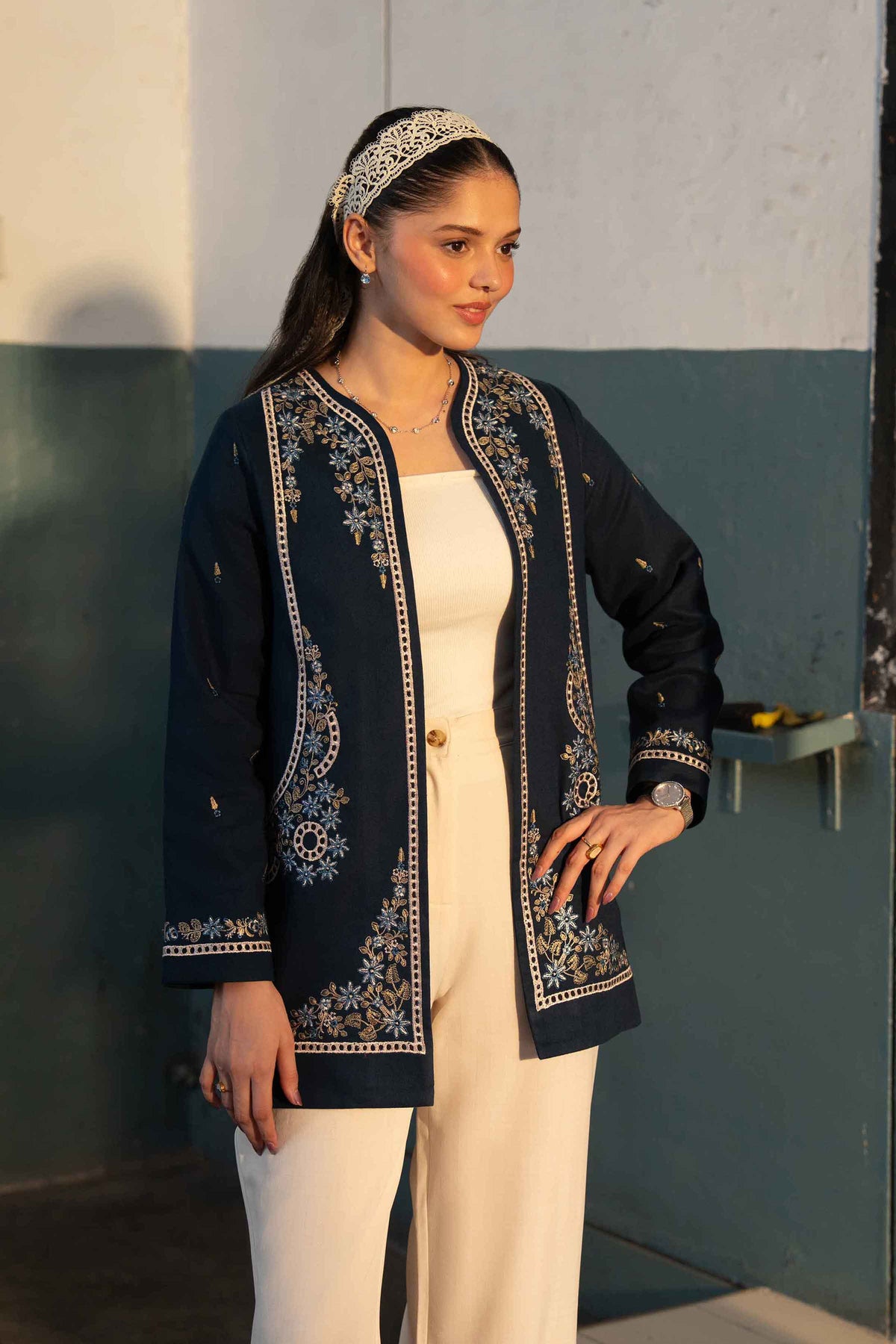 Blue Embroidered Jacket in Khaddar ready-to-wear