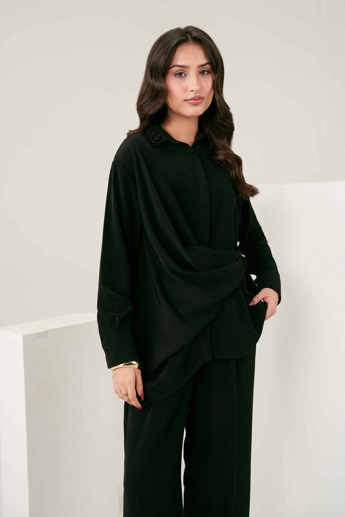 Black 2-Piece Solid Suit in Georgette ready-to-wear