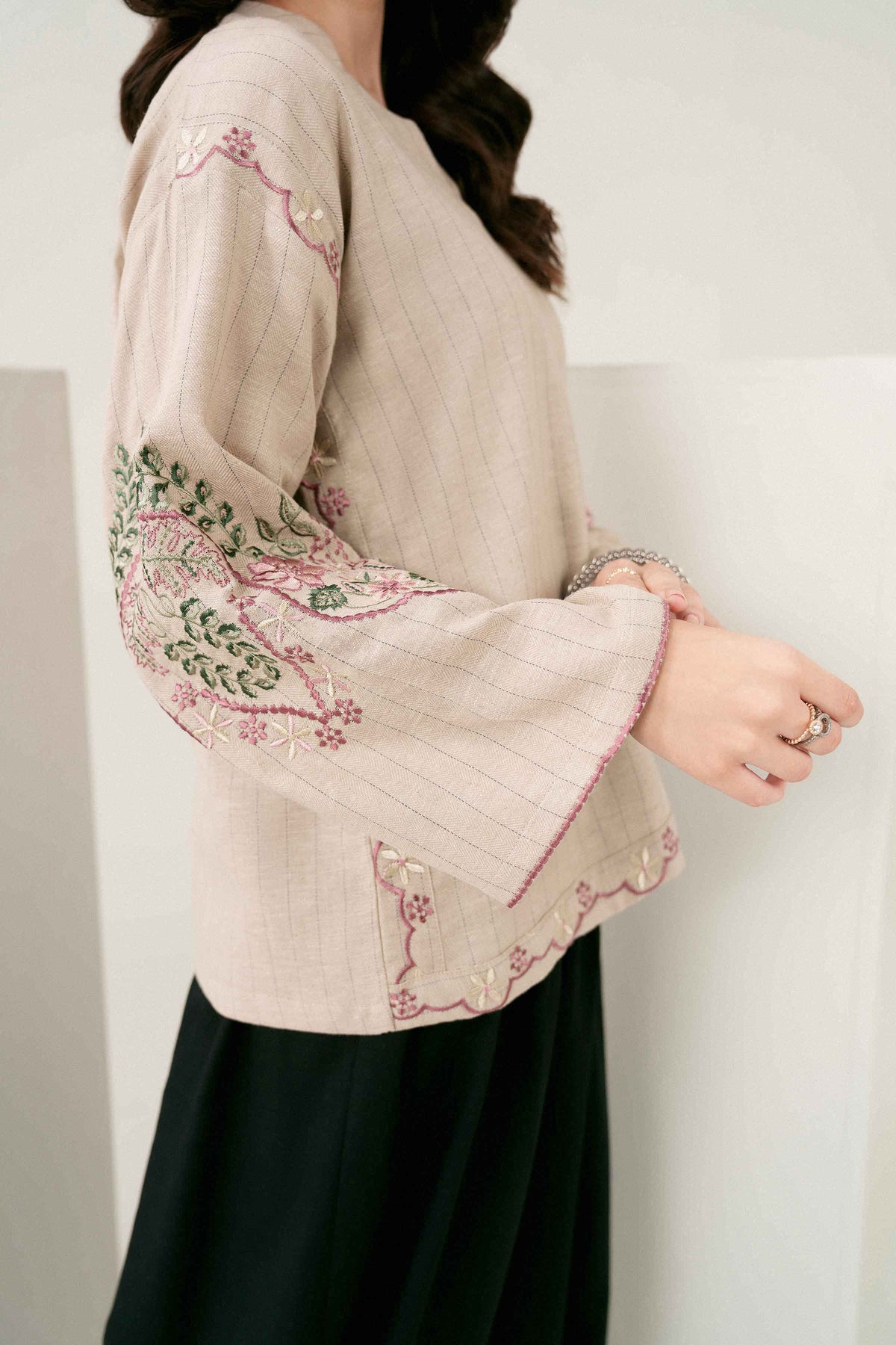 Beige Embroidered Tunic in Yarn Dyed ready-to-wear