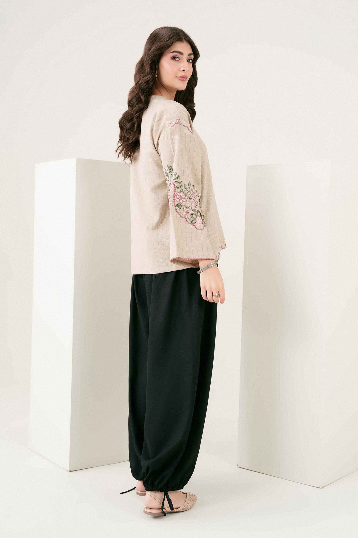 Beige Embroidered Tunic in Yarn Dyed ready-to-wear