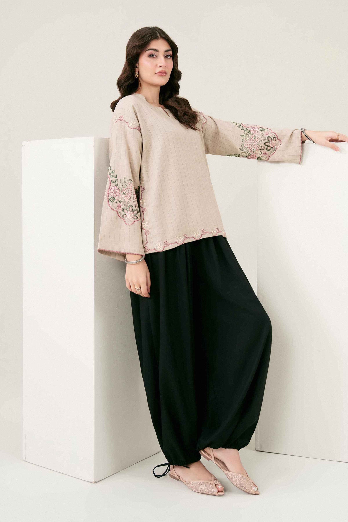 Beige Embroidered Tunic in Yarn Dyed ready-to-wear