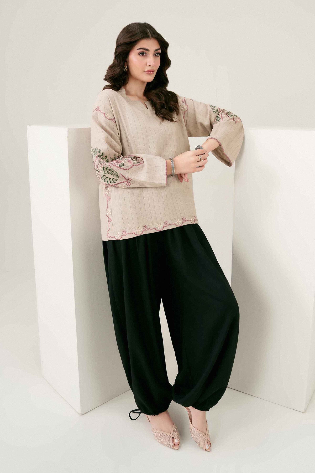 Beige Embroidered Tunic in Yarn Dyed ready-to-wear