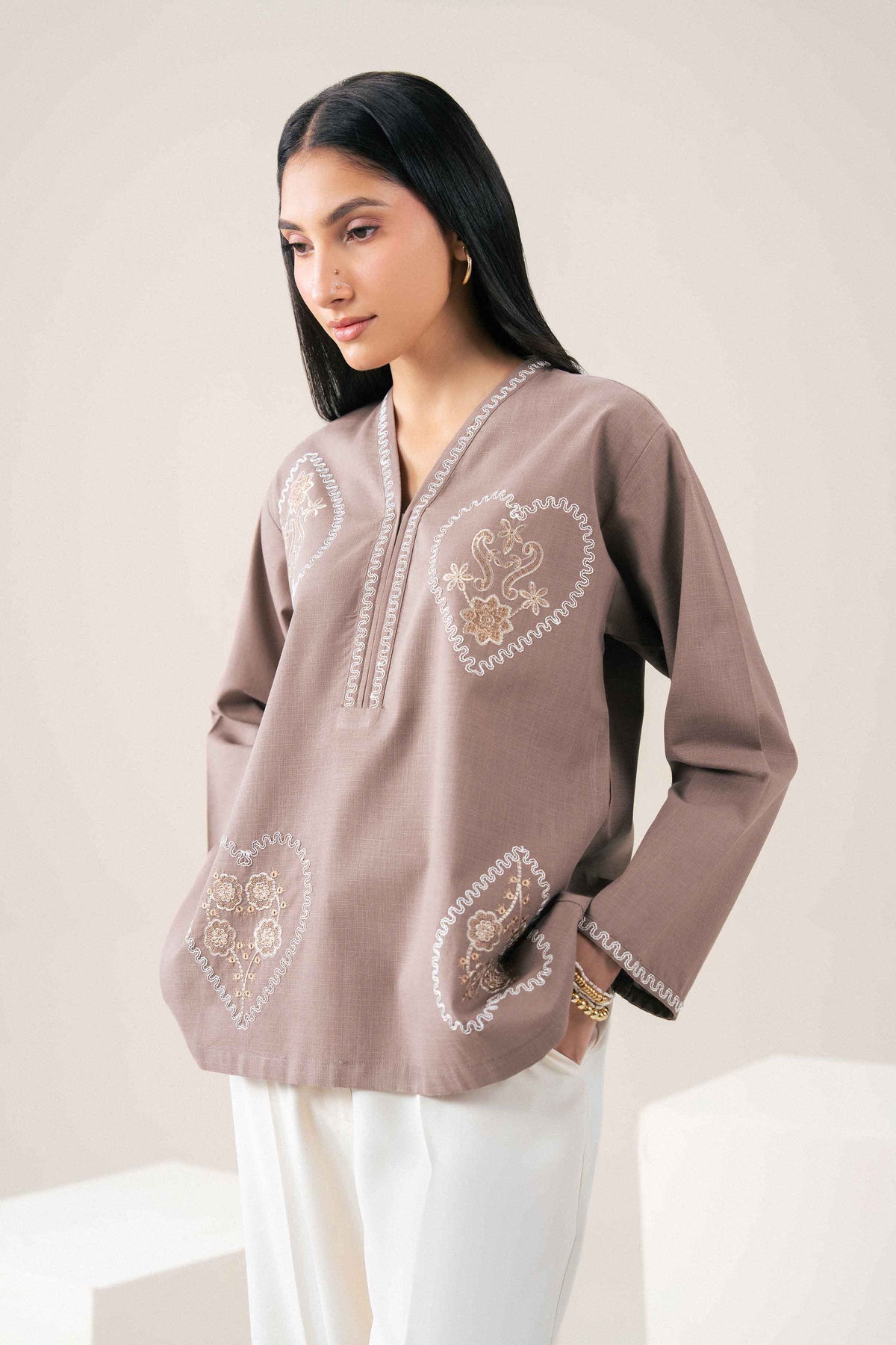 Brown Embroidered Shirt in Yarn Dyed ready-to-wear