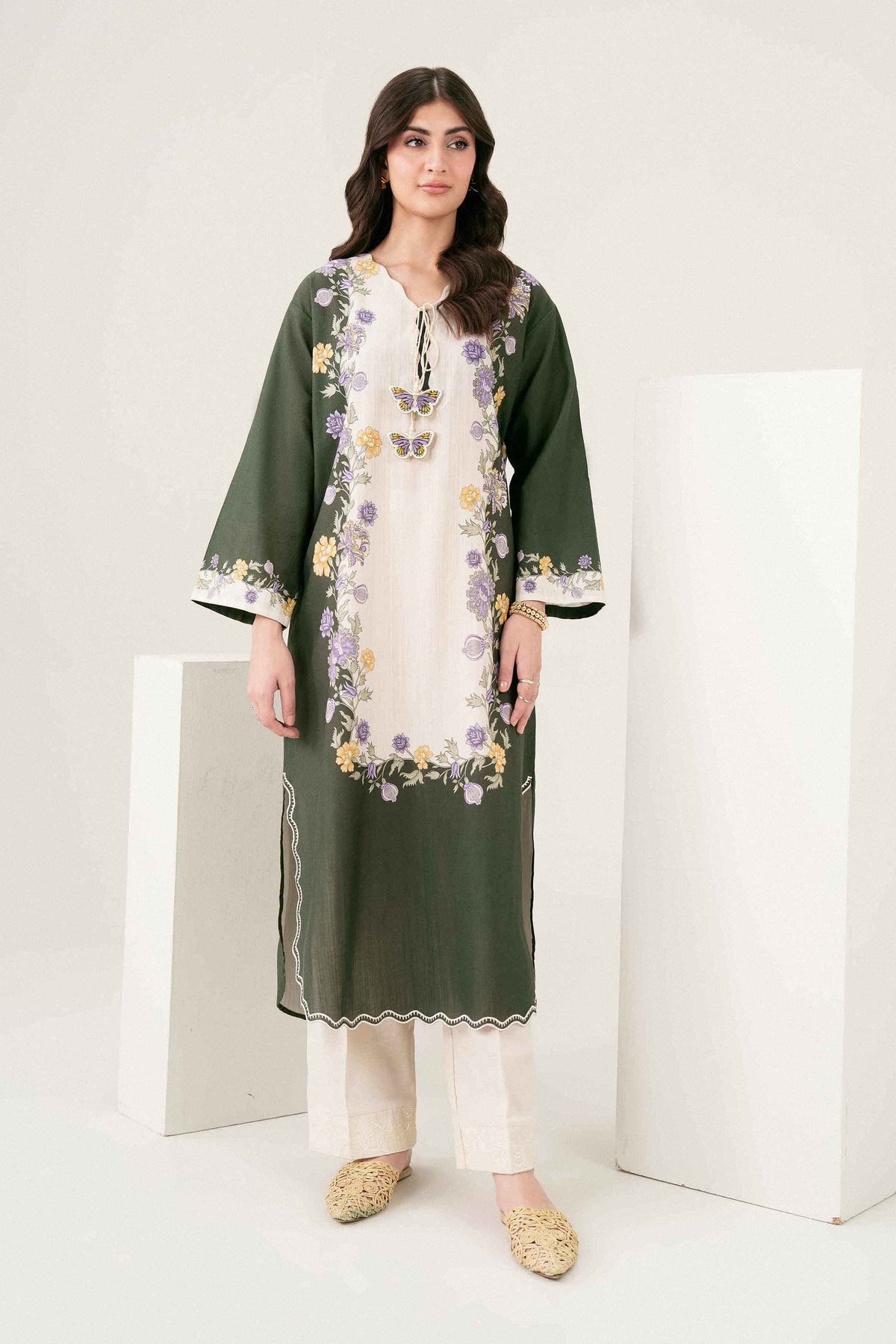 Green Printed Embroidered Shirt in Khaddar ready-to-wear