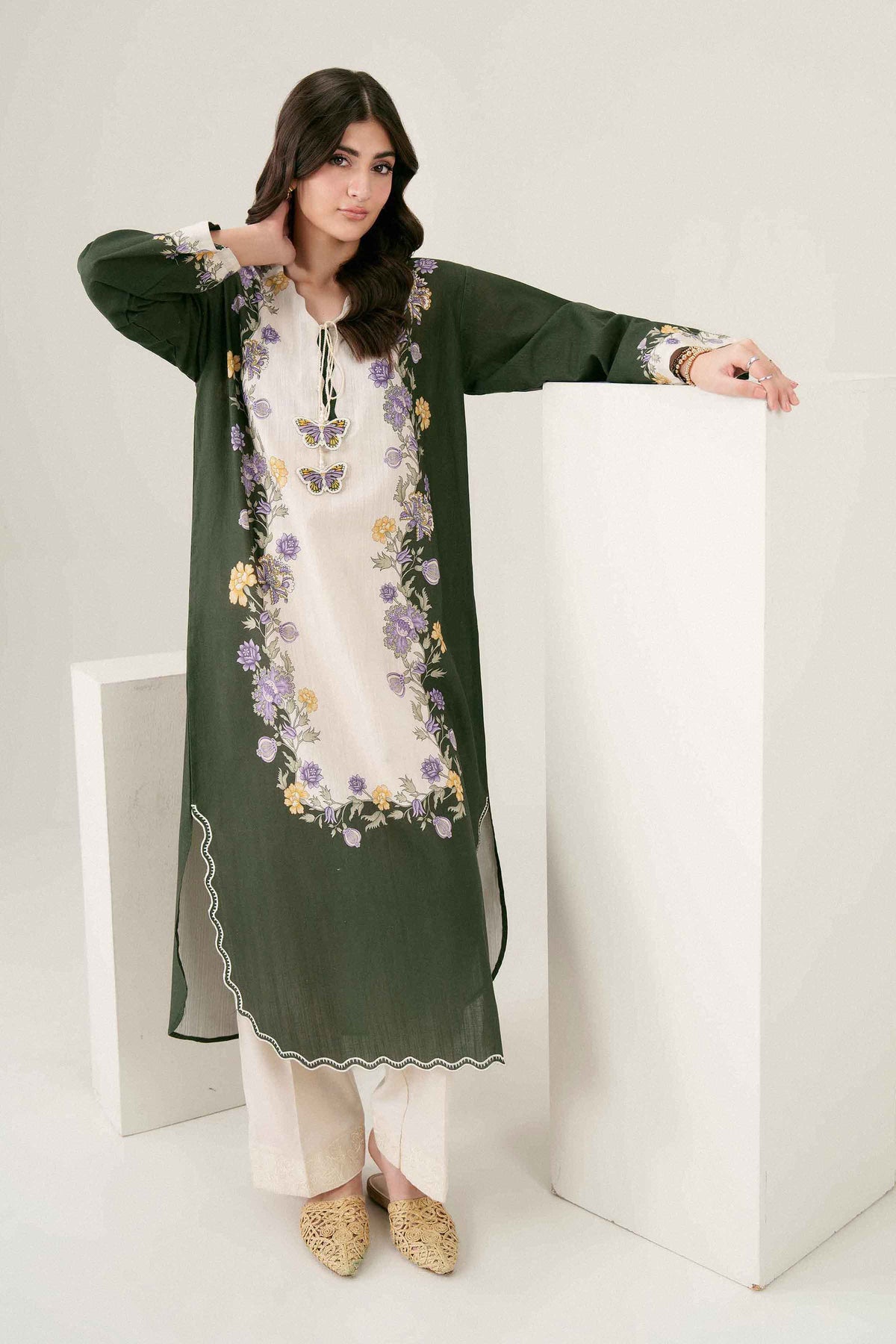 Green Printed Embroidered Shirt in Khaddar ready-to-wear