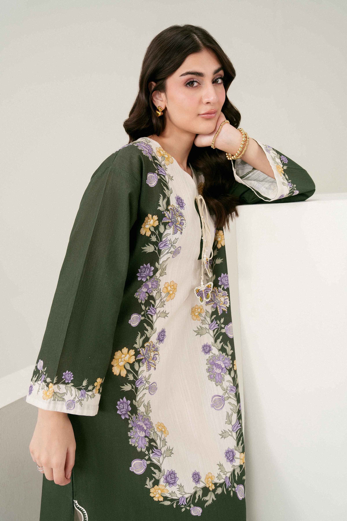 Green Printed Embroidered Shirt in Khaddar ready-to-wear