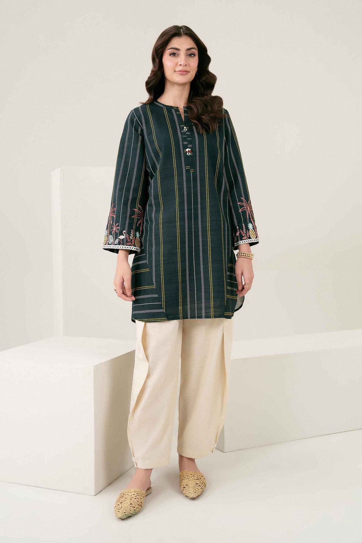 Black Printed Embroidered Shirt in Khaddar ready-to-wear