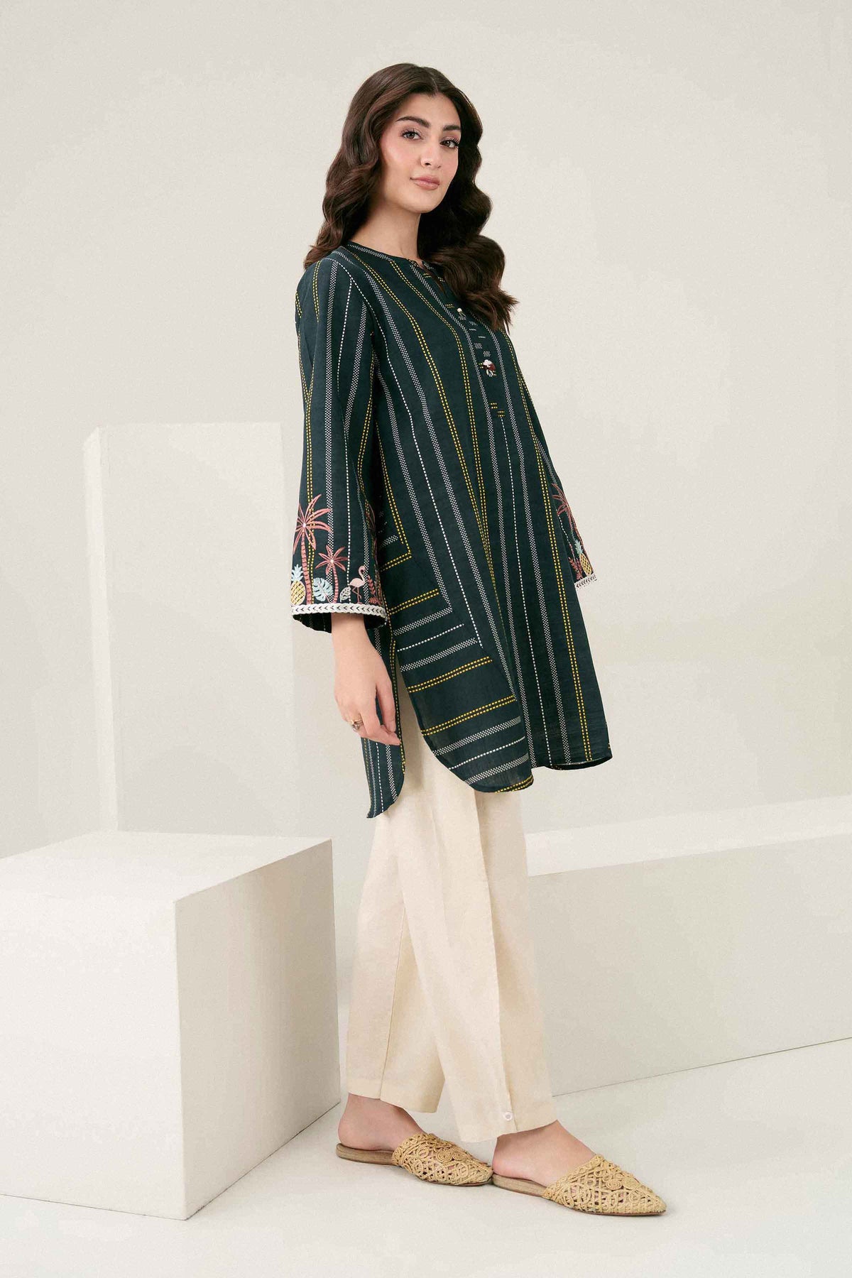 Black Printed Embroidered Shirt in Khaddar ready-to-wear