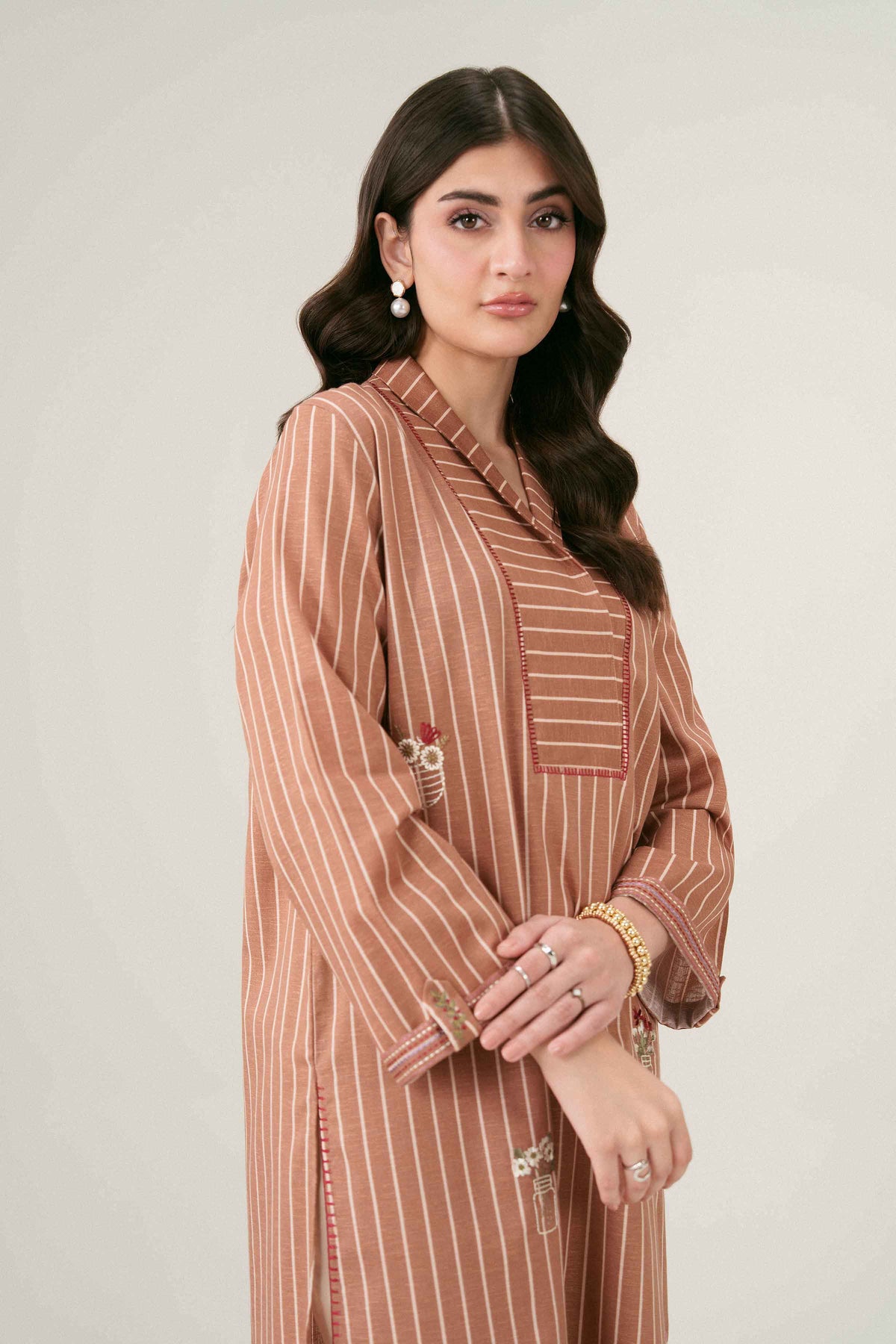 Beige Printed Embroidered Shirt in Karandi ready-to-wear