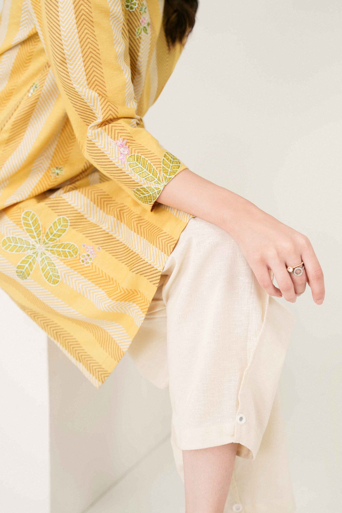 Yellow Printed Embroidered Shirt in Karandi ready-to-wear