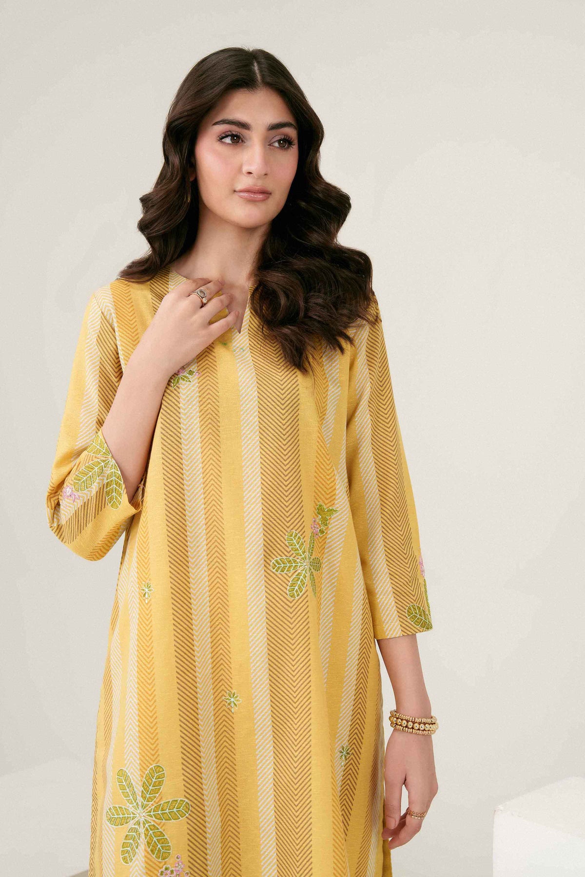 Yellow Printed Embroidered Shirt in Karandi ready-to-wear