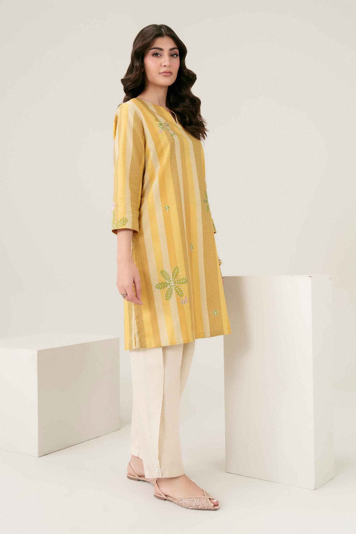 Yellow Printed Embroidered Shirt in Karandi ready-to-wear