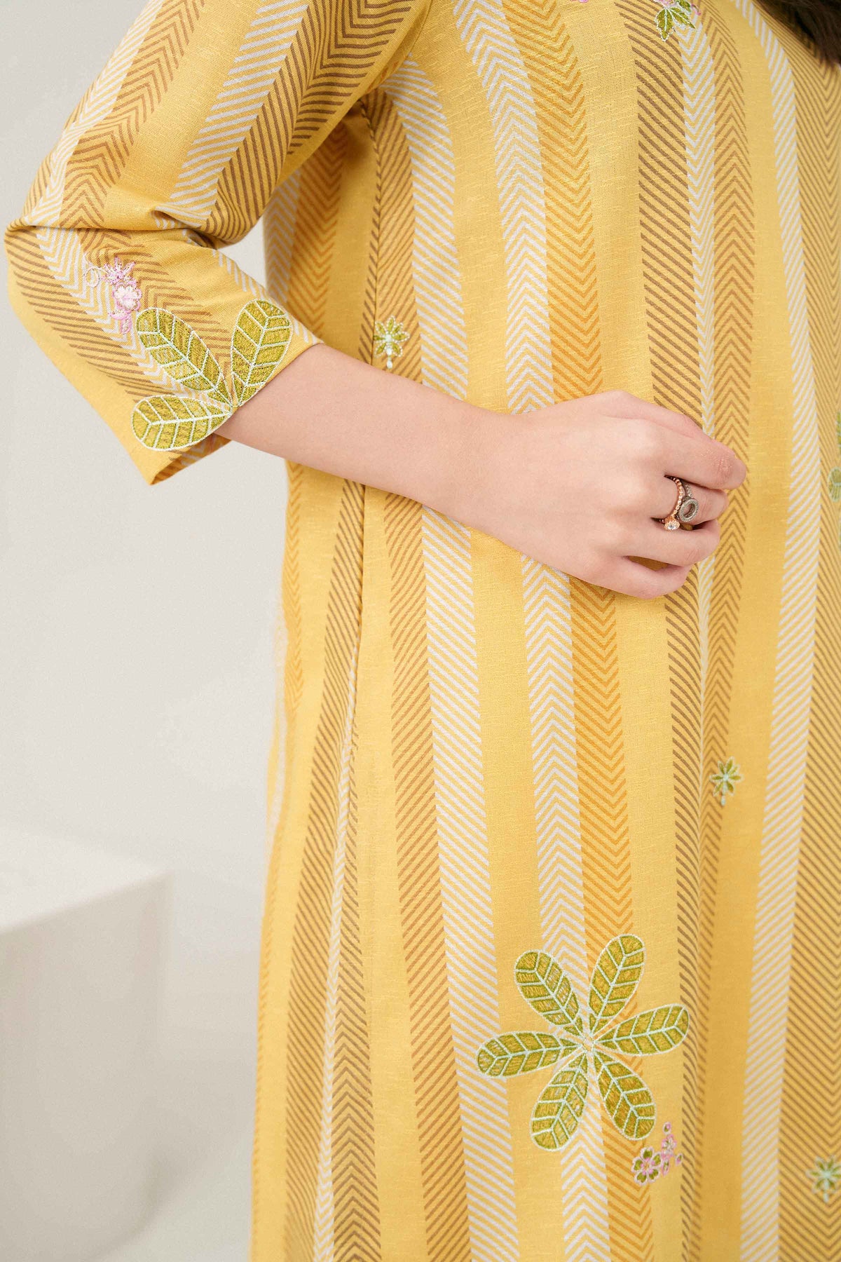 Yellow Printed Embroidered Shirt in Karandi ready-to-wear