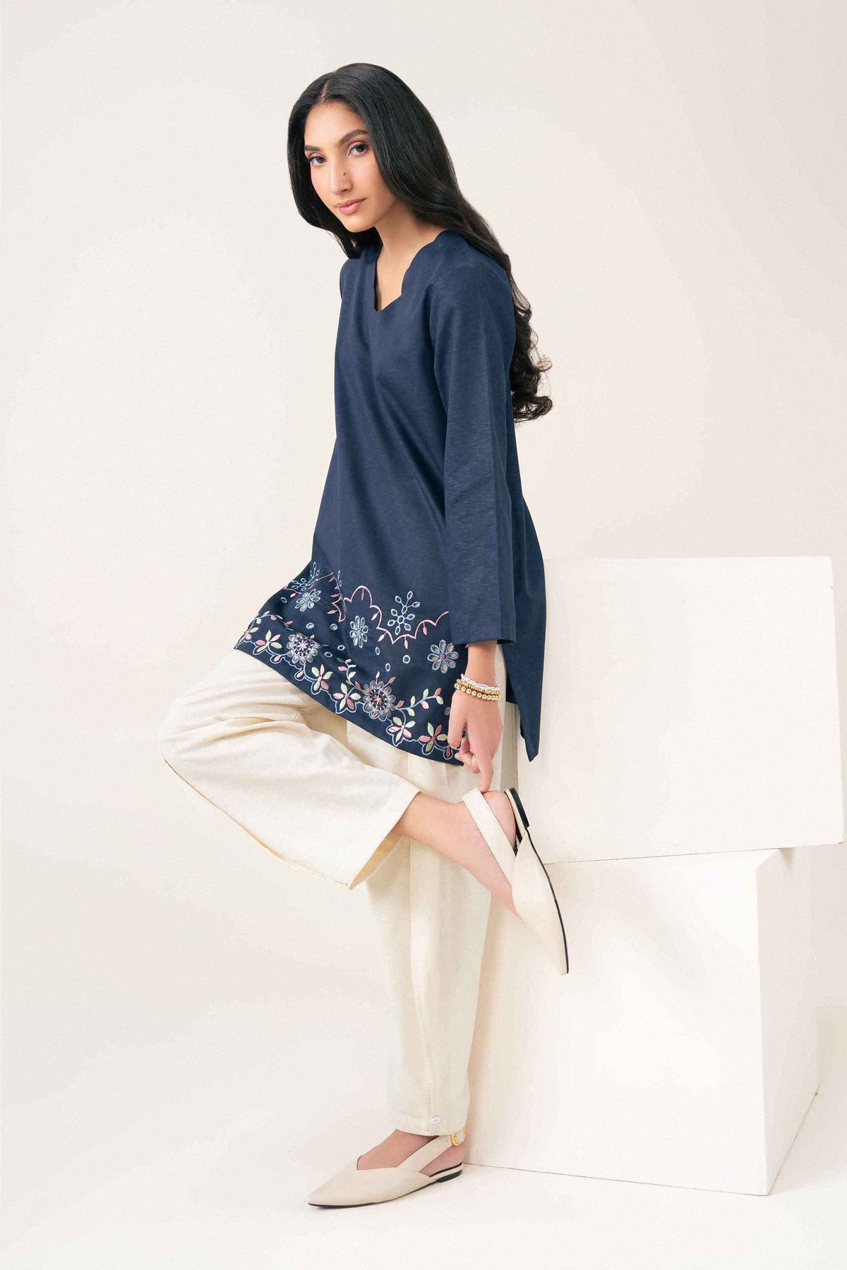 Blue Embroidered Shirt in Karandi ready-to-wear