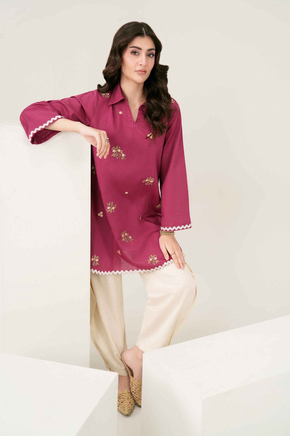 Pink Embroidered Shirt in Karandi ready-to-wear