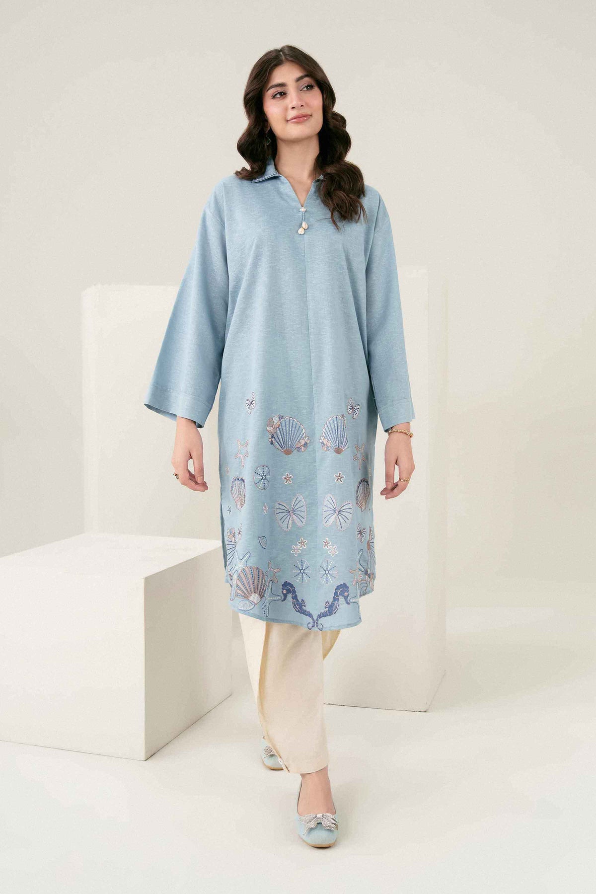 Blue Embroidered Shirt in Karandi ready-to-wear