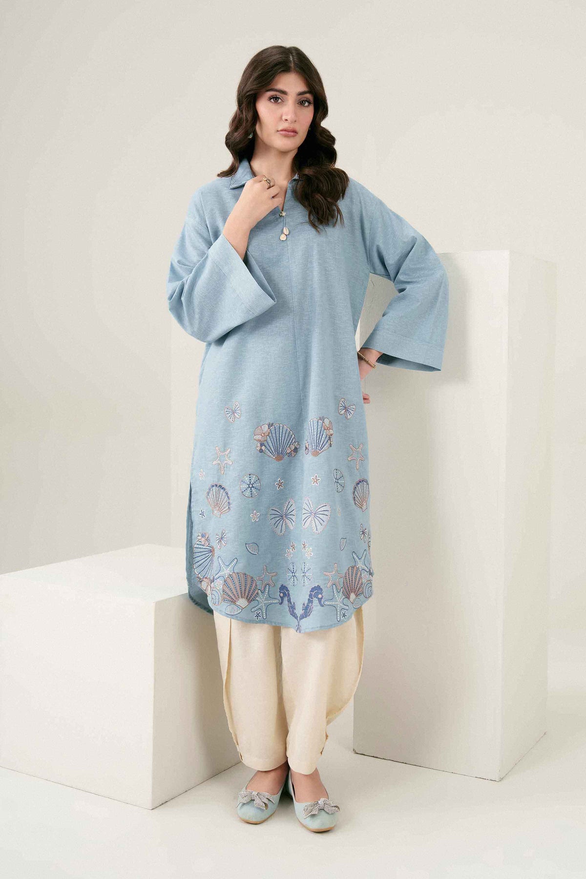 Blue Embroidered Shirt in Karandi ready-to-wear