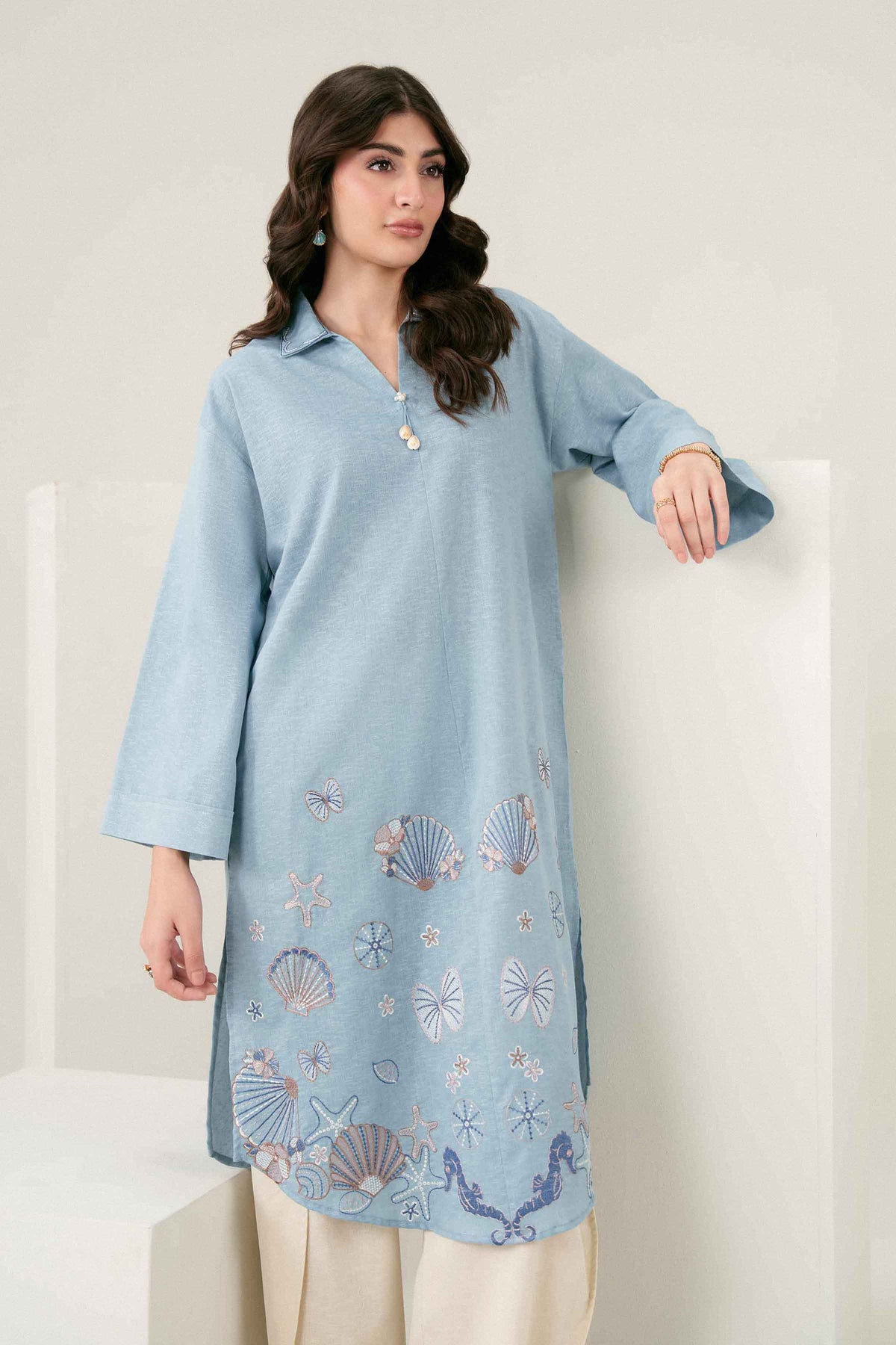 Blue Embroidered Shirt in Karandi ready-to-wear