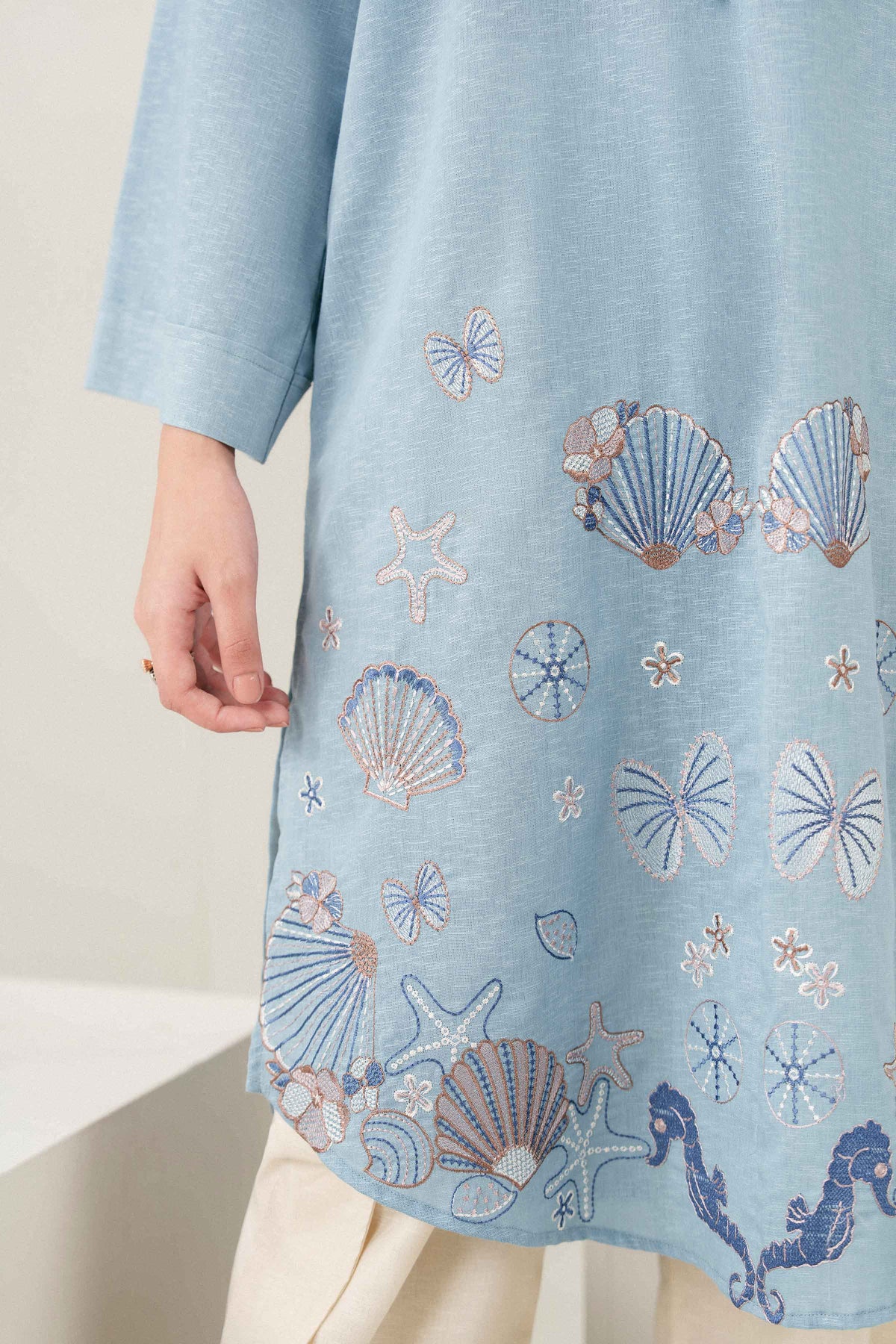 Blue Embroidered Shirt in Karandi ready-to-wear