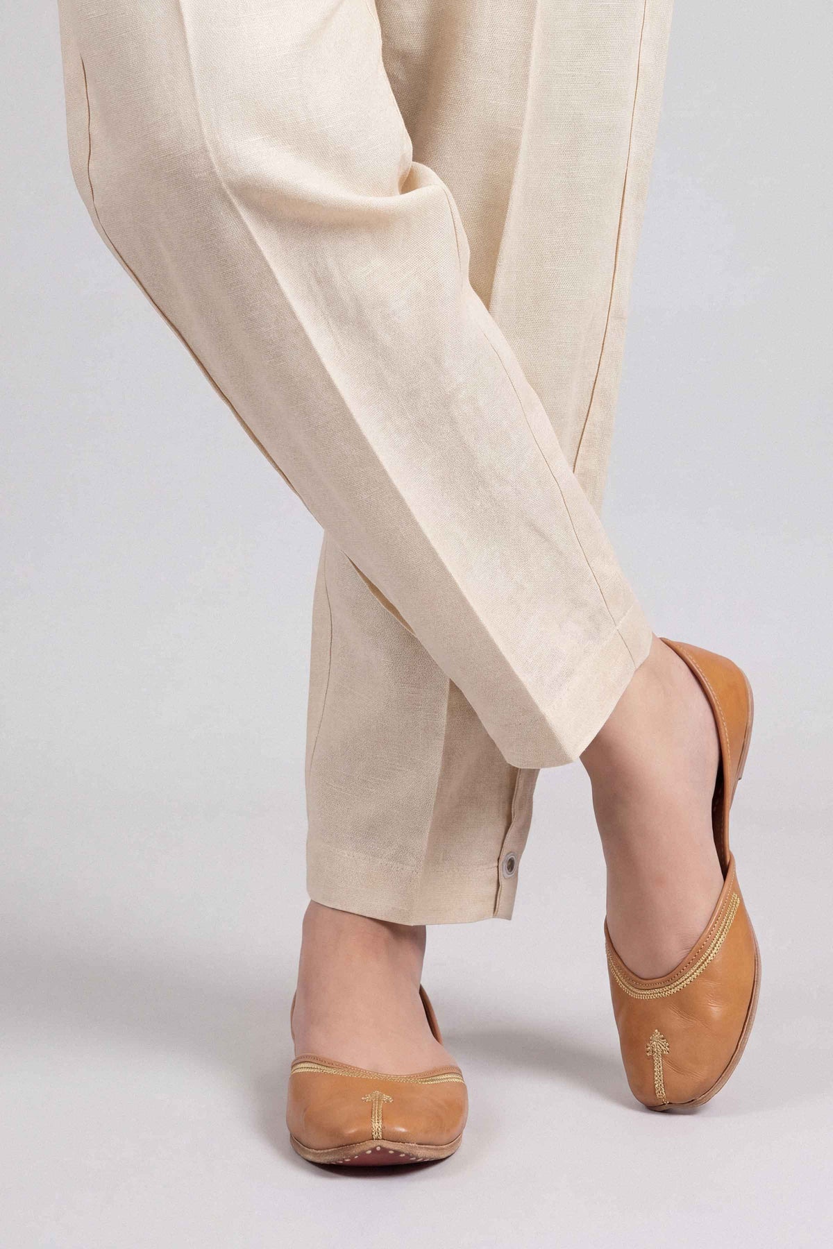 Beige Solid Pants in Karandi ready-to-wear