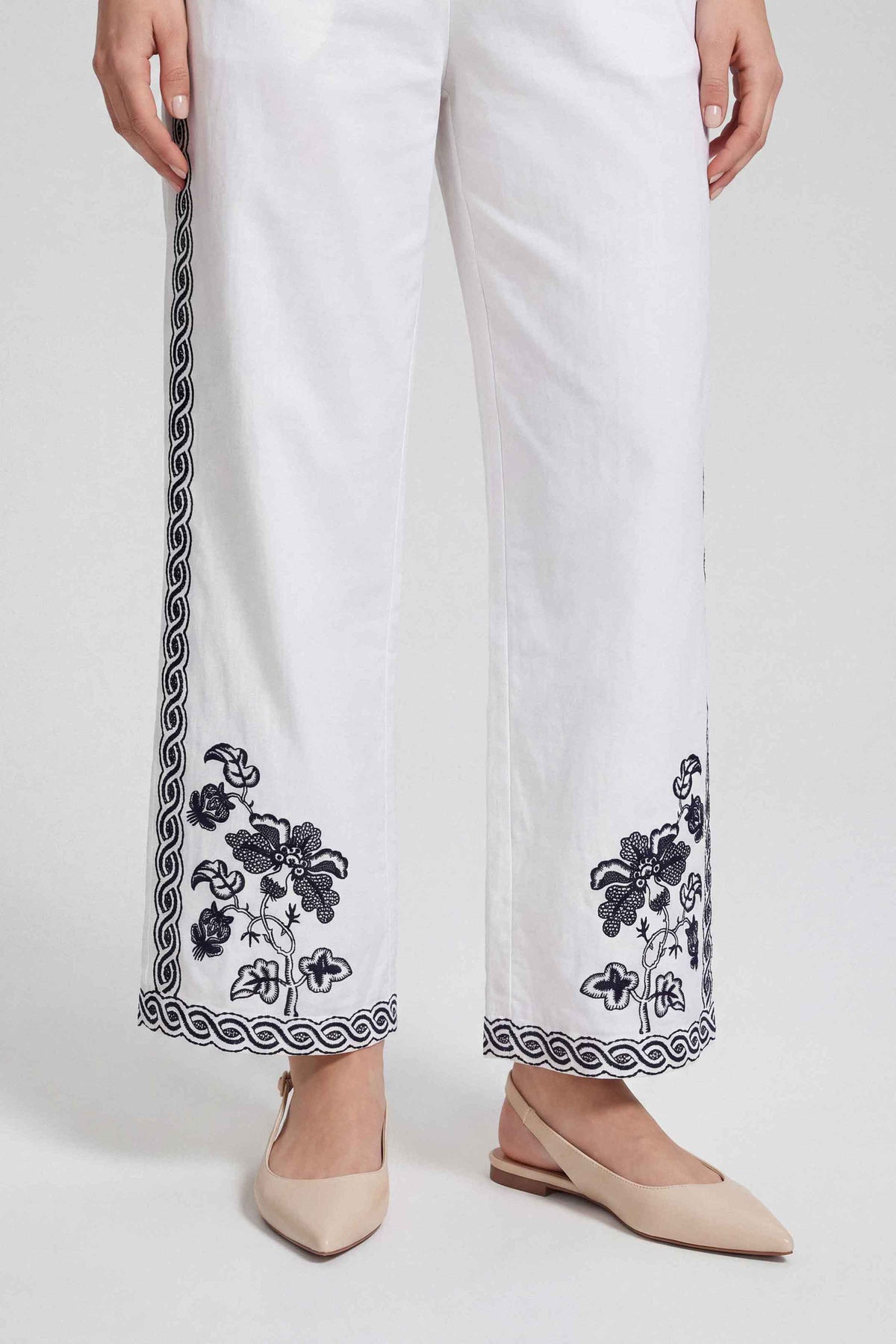 White Embroidered Trousers in Cambric