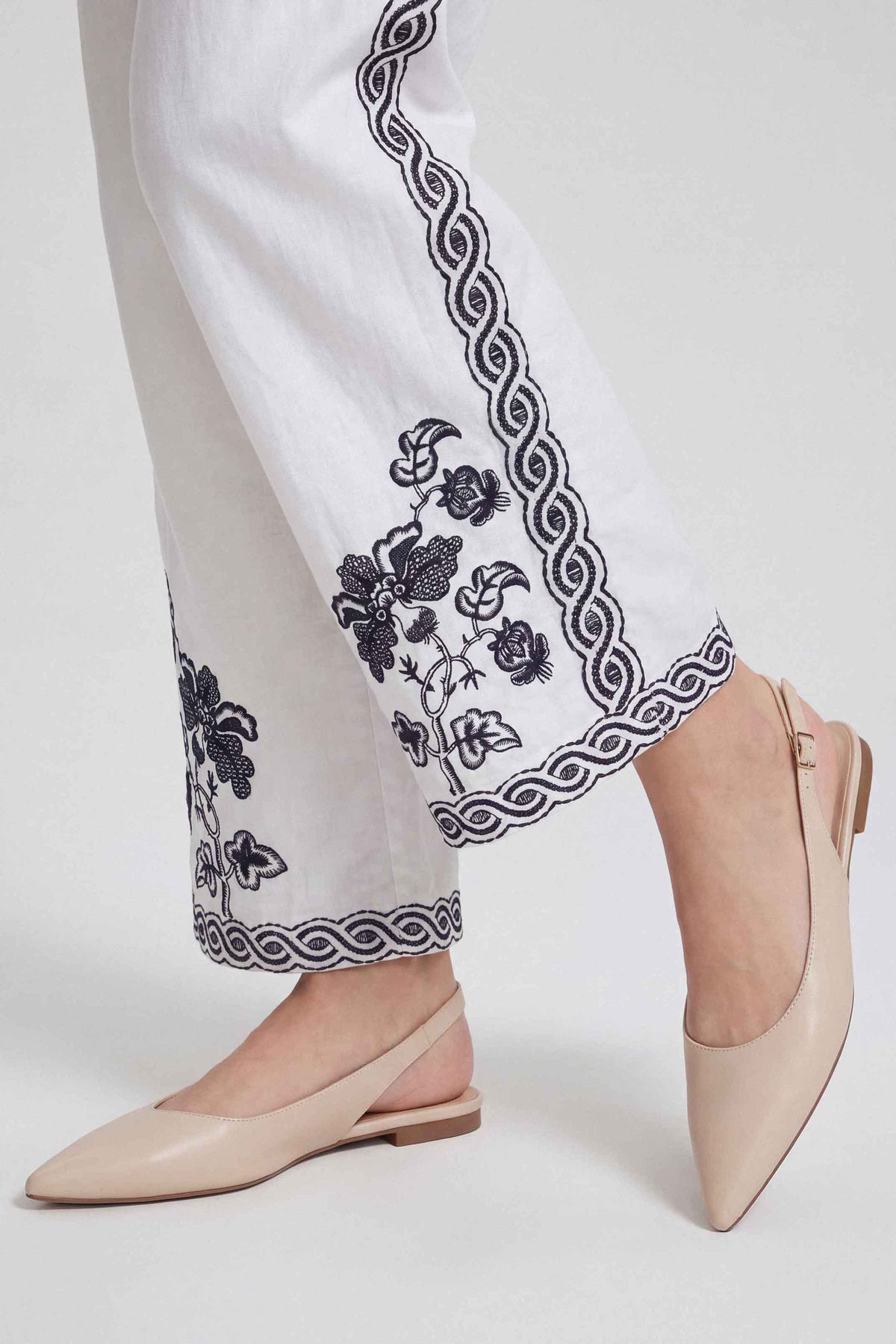 White Embroidered Trousers in Cambric
