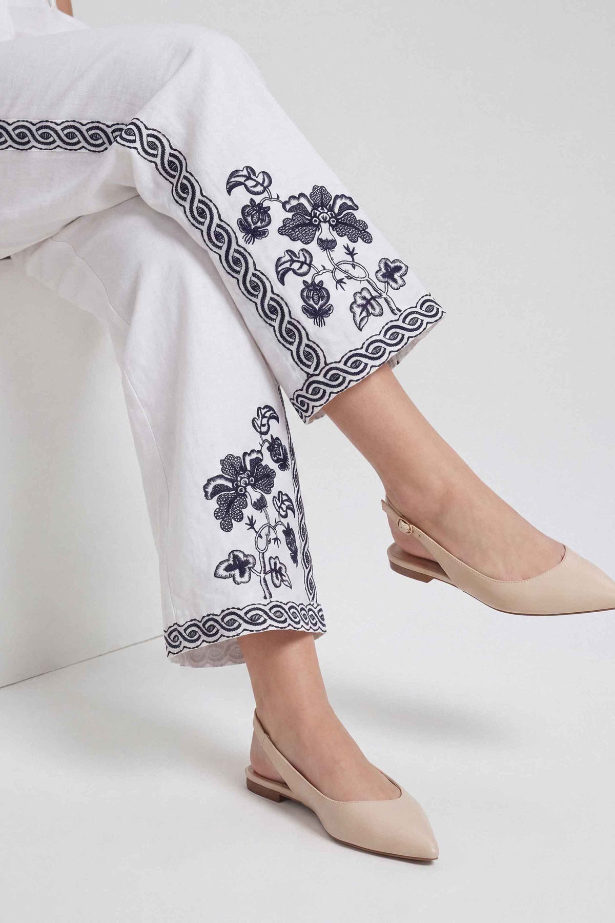White Embroidered Trousers in Cambric