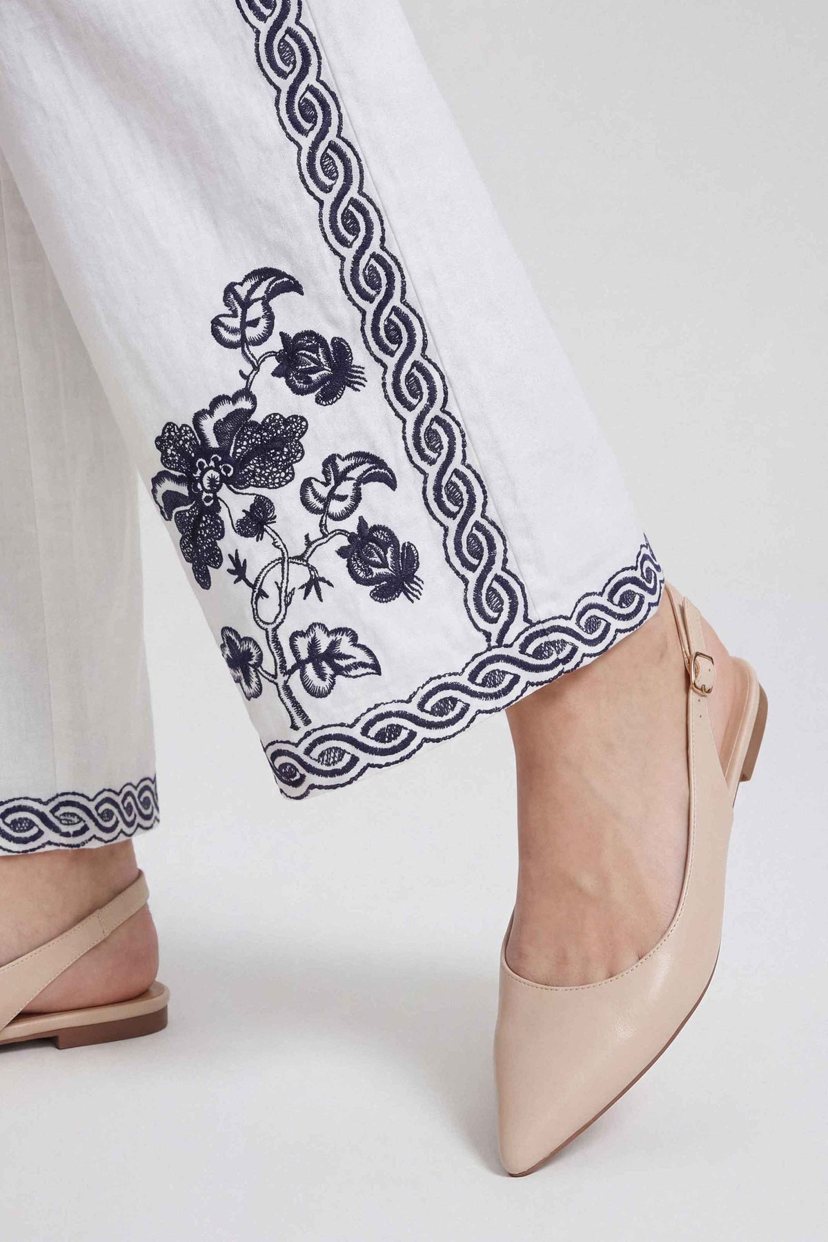 White Embroidered Trousers in Cambric