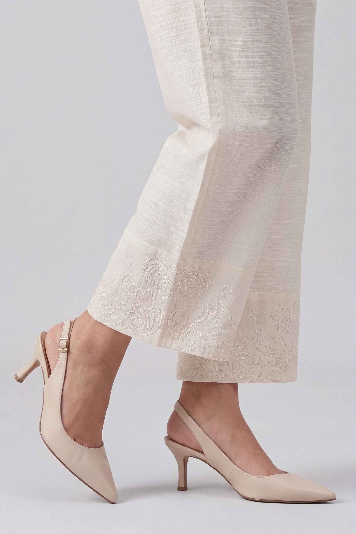 White Embroidered Trousers in Khaddar
