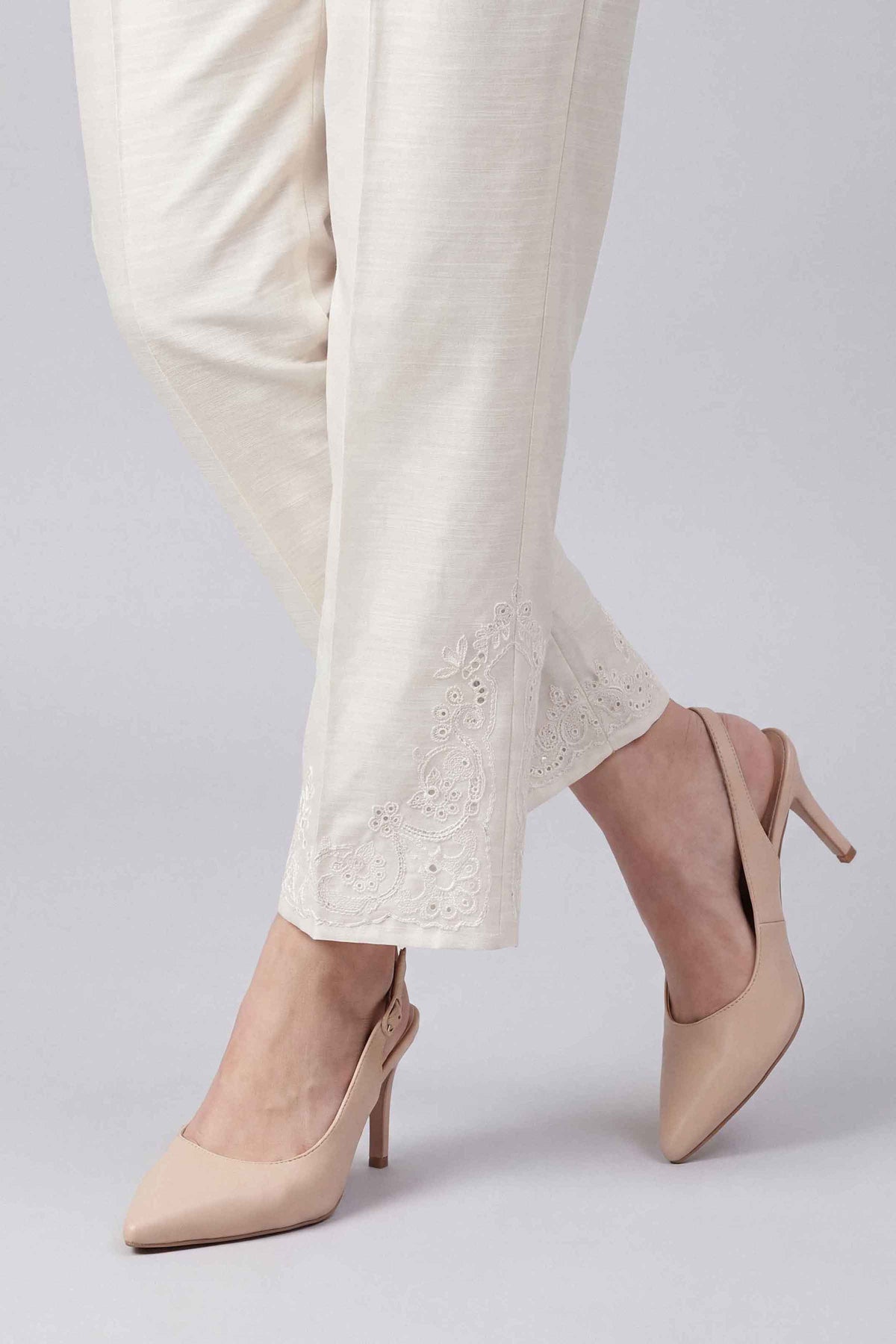 Off White Embroidered Culottes in Khaddar