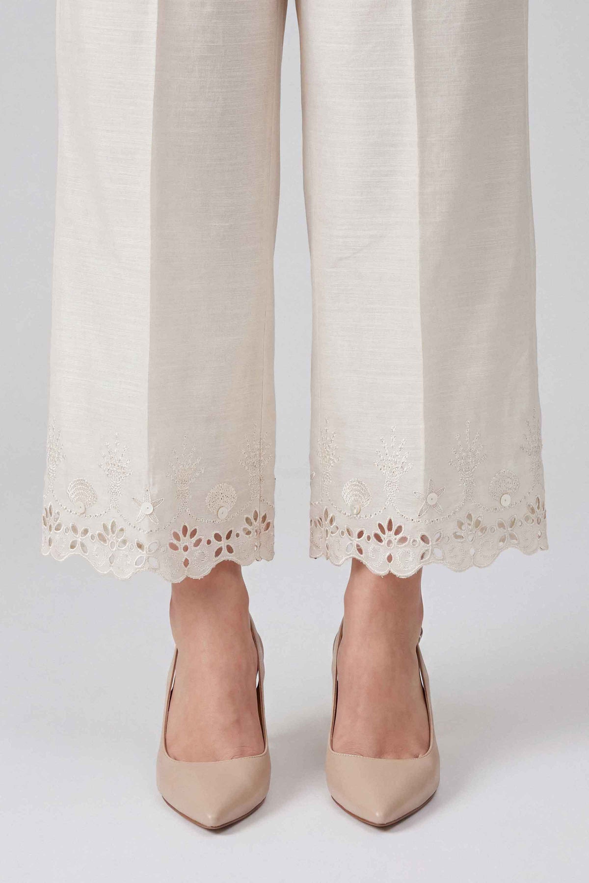 Off White Embroidered Pants in Khaddar