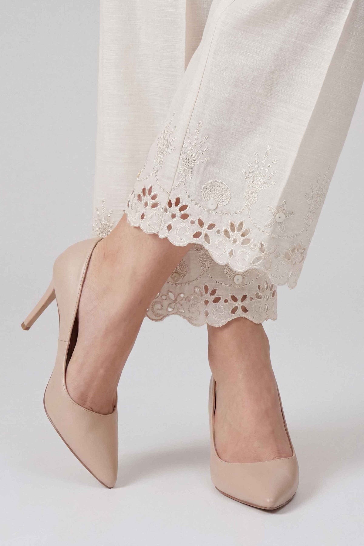 Off White Embroidered Pants in Khaddar