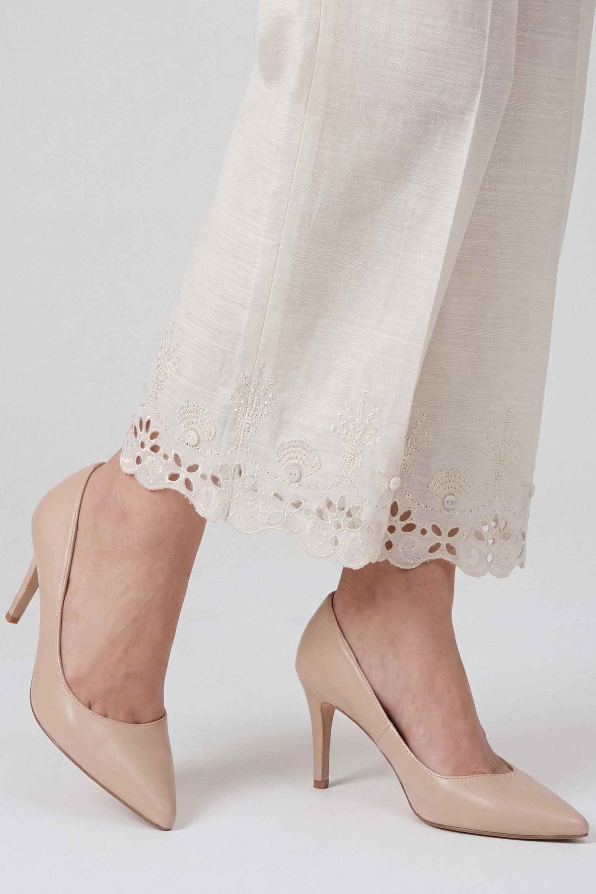 Off White Embroidered Pants in Khaddar