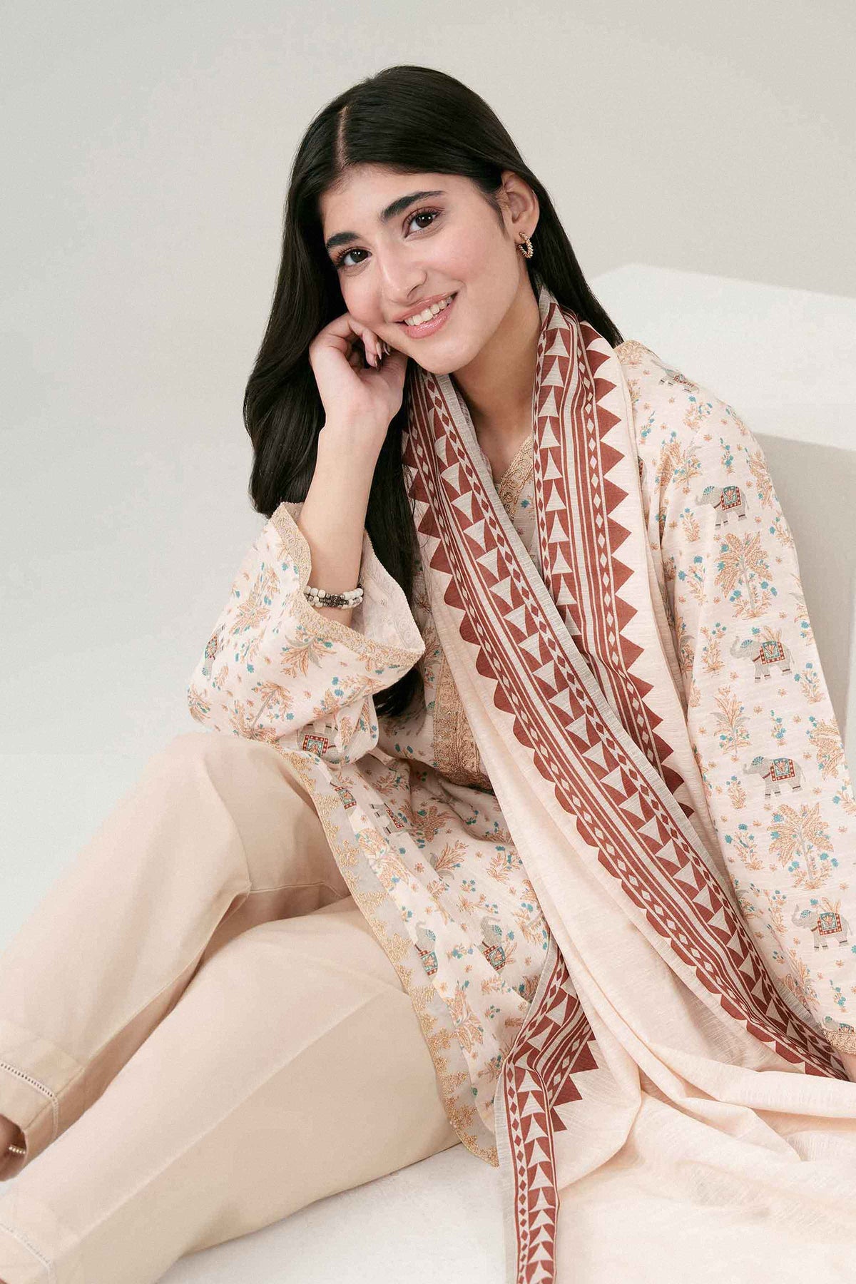 Cream 2-Piece Printed Embroidered Suit in Khaddar ready-to-wear