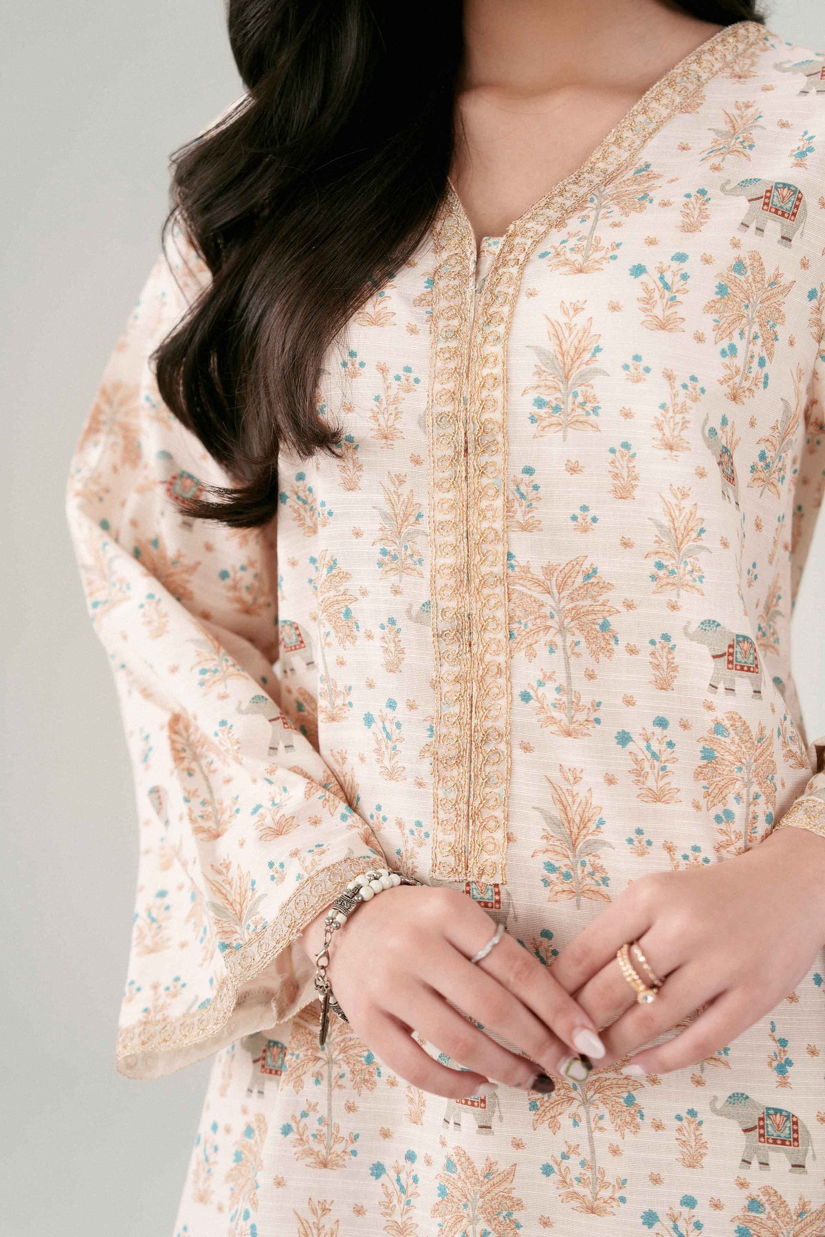 Cream 2-Piece Printed Embroidered Suit in Khaddar ready-to-wear