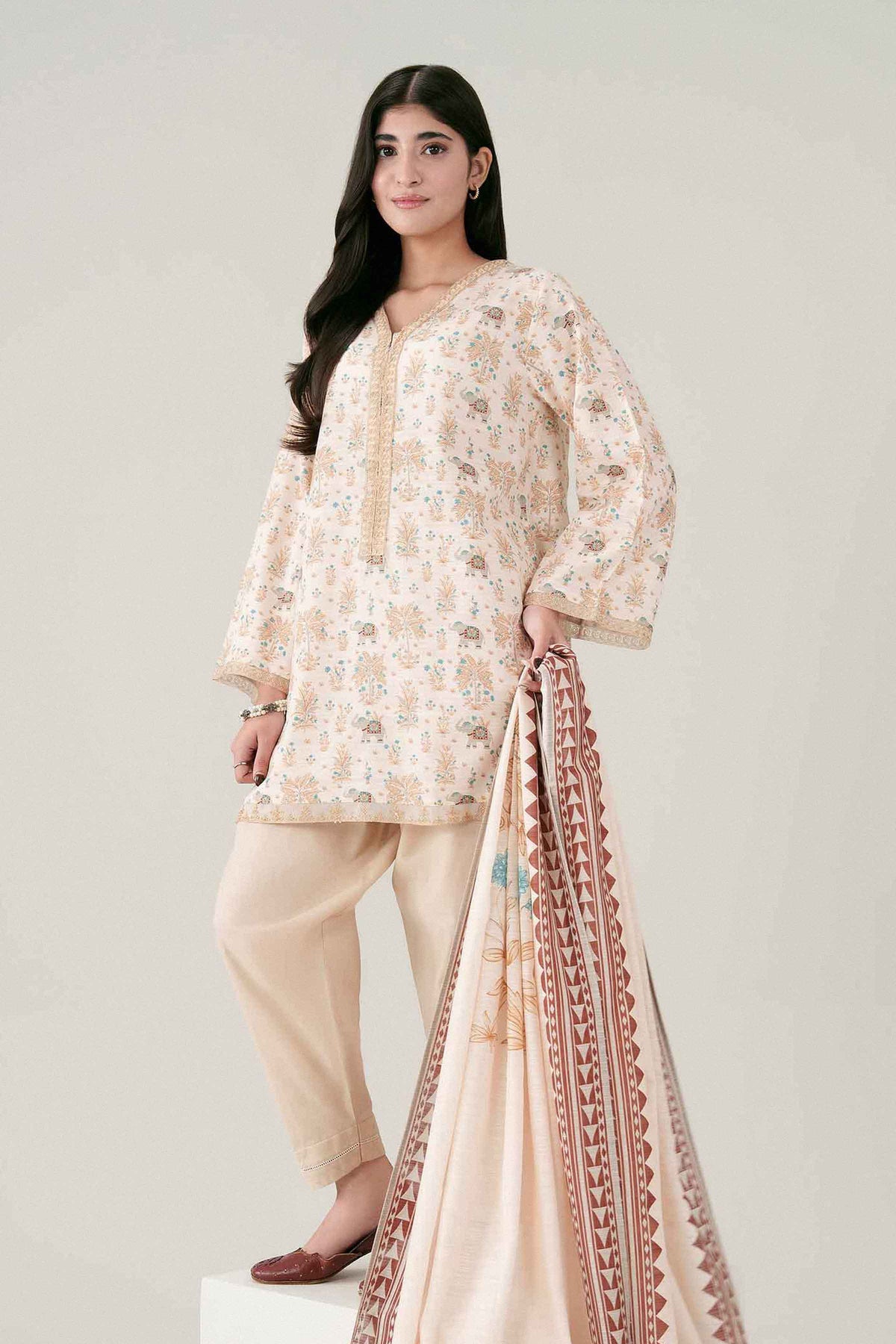 Cream 2-Piece Printed Embroidered Suit in Khaddar ready-to-wear
