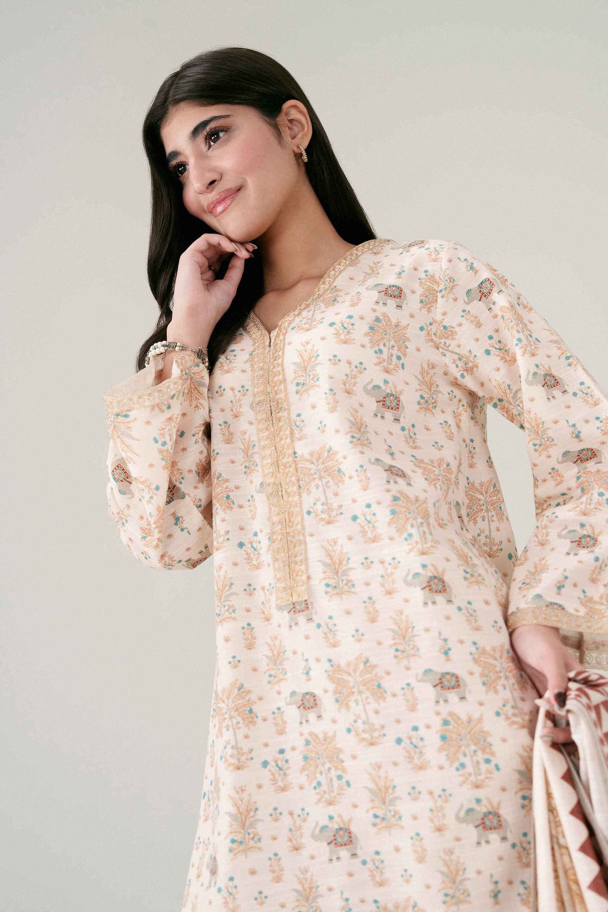 Cream 2-Piece Printed Embroidered Suit in Khaddar ready-to-wear
