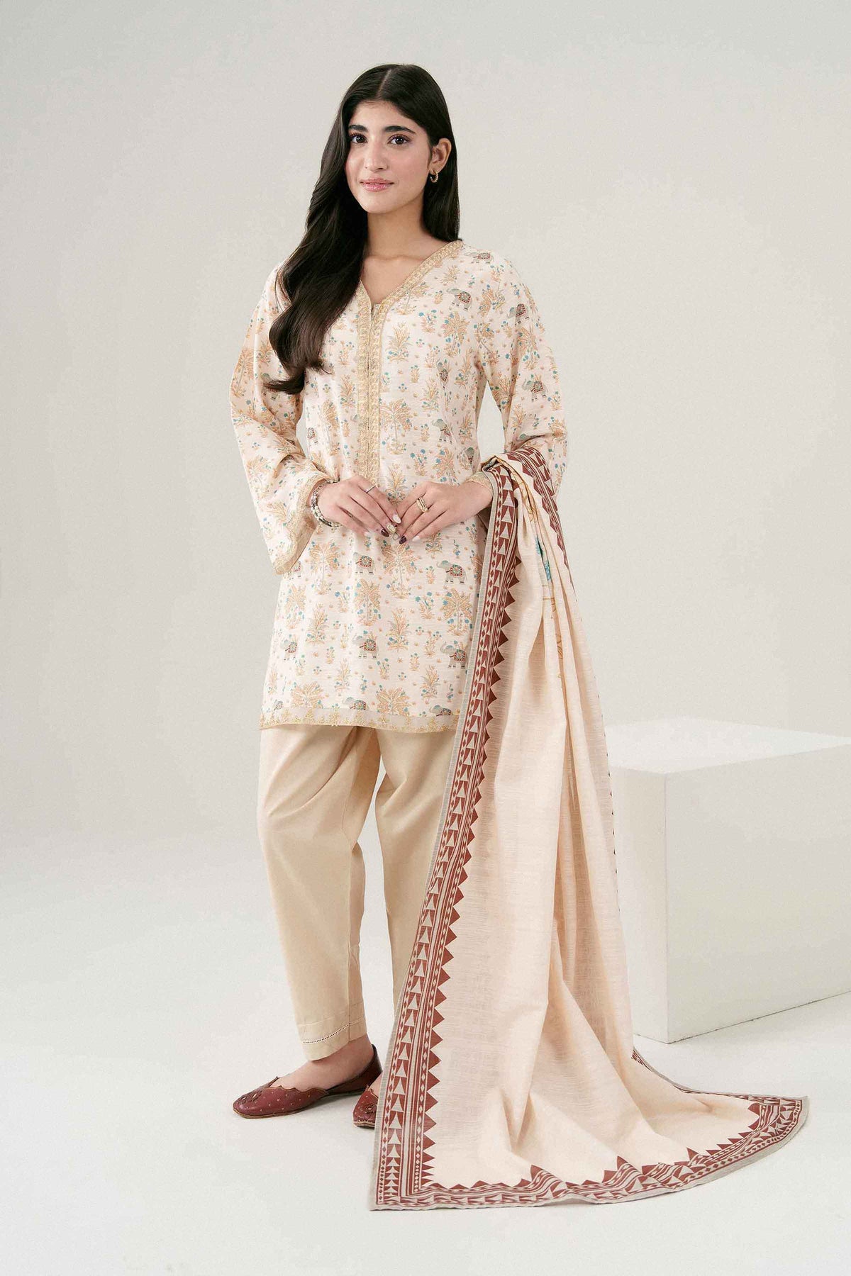 Cream 2-Piece Printed Embroidered Suit in Khaddar ready-to-wear
